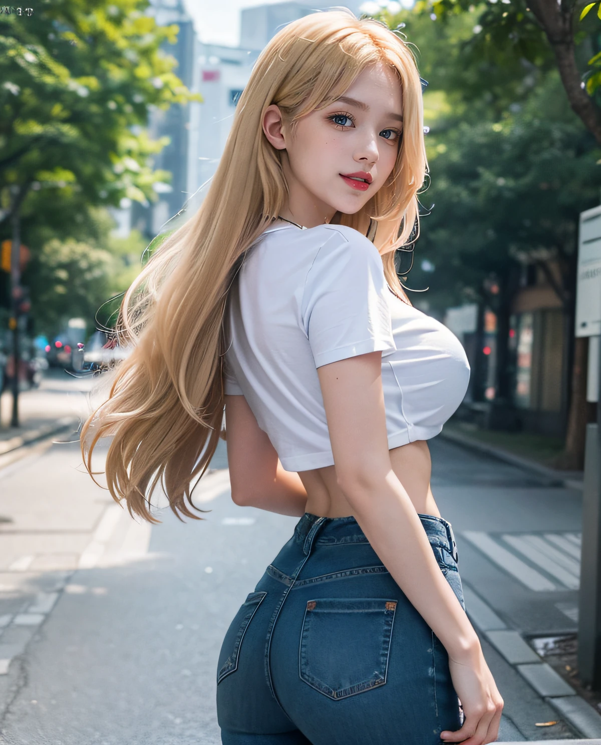 2girl, (Twins), Blue eyes, (smiling), (Sana Minatozaki), wide hips, Big Boobs, big ass, (Best Quality, 8k, Masterpiece: 1.3), perfect hands, Clear Focus: 1.2, Perfect Body Beauty: 1.4 , Slender Abs: 1.2, Highly detailed face and skin texture, detailed eyes, double eyelids, red lips, (blonde long hair), white cleavage t-shirt, jeans, standing, (with his twin sister :1.4), look back, in a Tokyo neighborhood, sakura trees in the background, deep on field