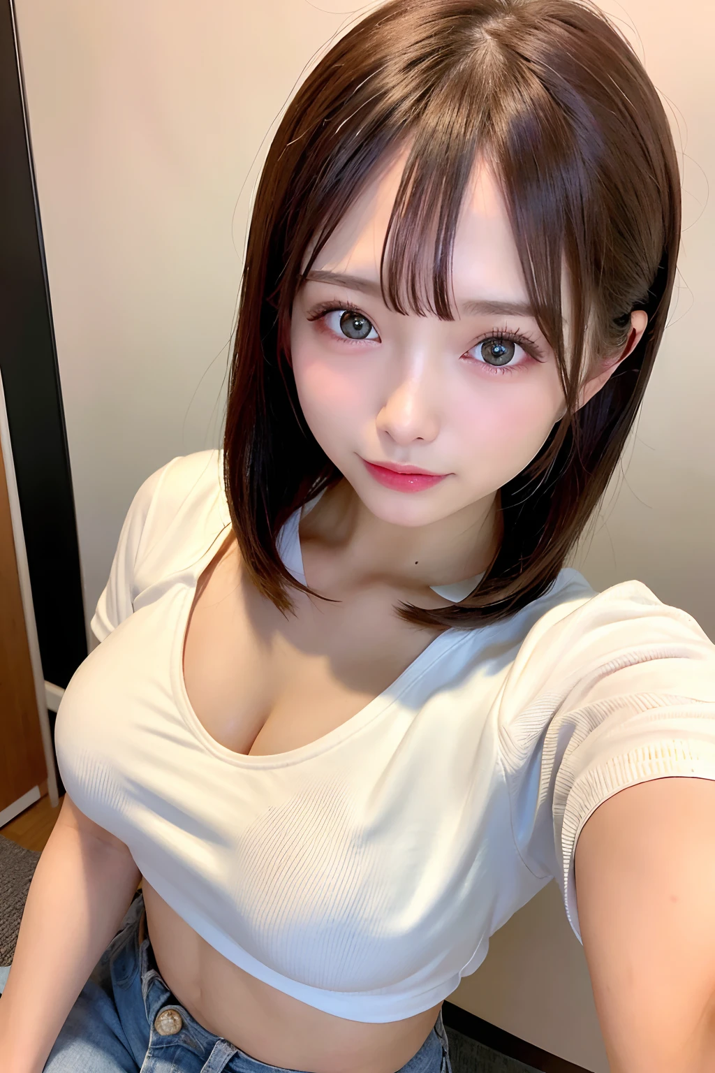 (8K、RAW Photos、Highest quality、masterpiece:1.2)、(Realistic、Photorealistic)、(wallpaper）、、One Girl、alone、23 years old、（Perfect Eyes）、Perfect hands、Perfect Proportions、Highly detailed face、Highly detailed skins、とてもwhiteい肌、( Cleavage)、(Selfie style)、background、white、T-Shirts