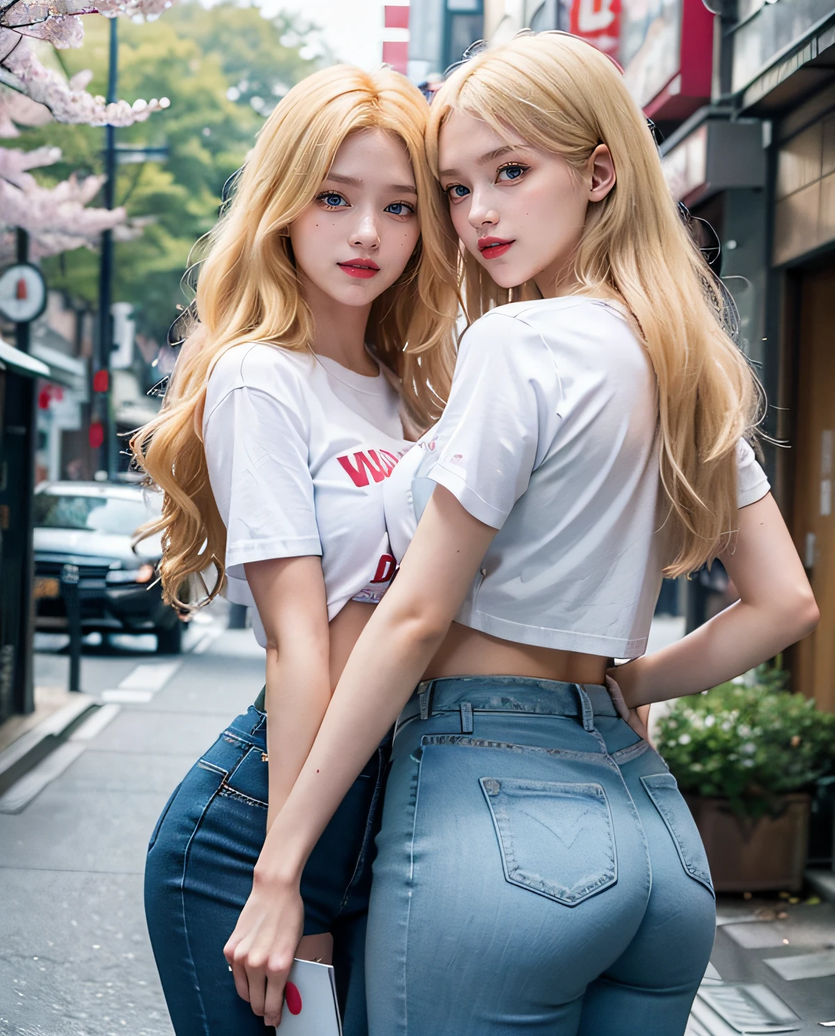 1girl, (Blue Eyes), (smiling :1.2), (Sana Minatozaki), wide hips, Big tits, big ass, (round ass :1.3), (thin waist: 1.2), (thick and toned thighs), (Best Quality, 8k, Masterpiece: 1.3), Clear Focus: 1.2, Perfect Body Beauty: 1.4, strong abs, Highly detailed face and skin texture, detailed eyes, double eyelids, (blond long straight hair :1.1), (black sport top :1.2), (denim shorts), standing, view from back .1.2, in an amusement park