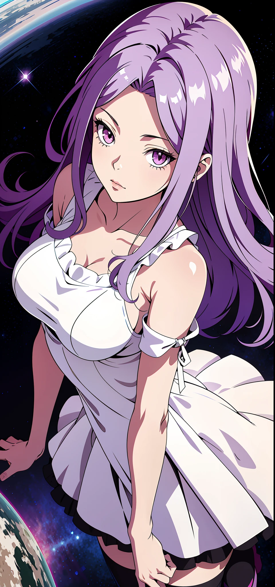 absurd res, high res, (masterpiece:1.4), ultra-detailed, 1girl, tokime, from above, space, floating, stockings, purple eyes, purple hair, dress, bare shoulders, white dress