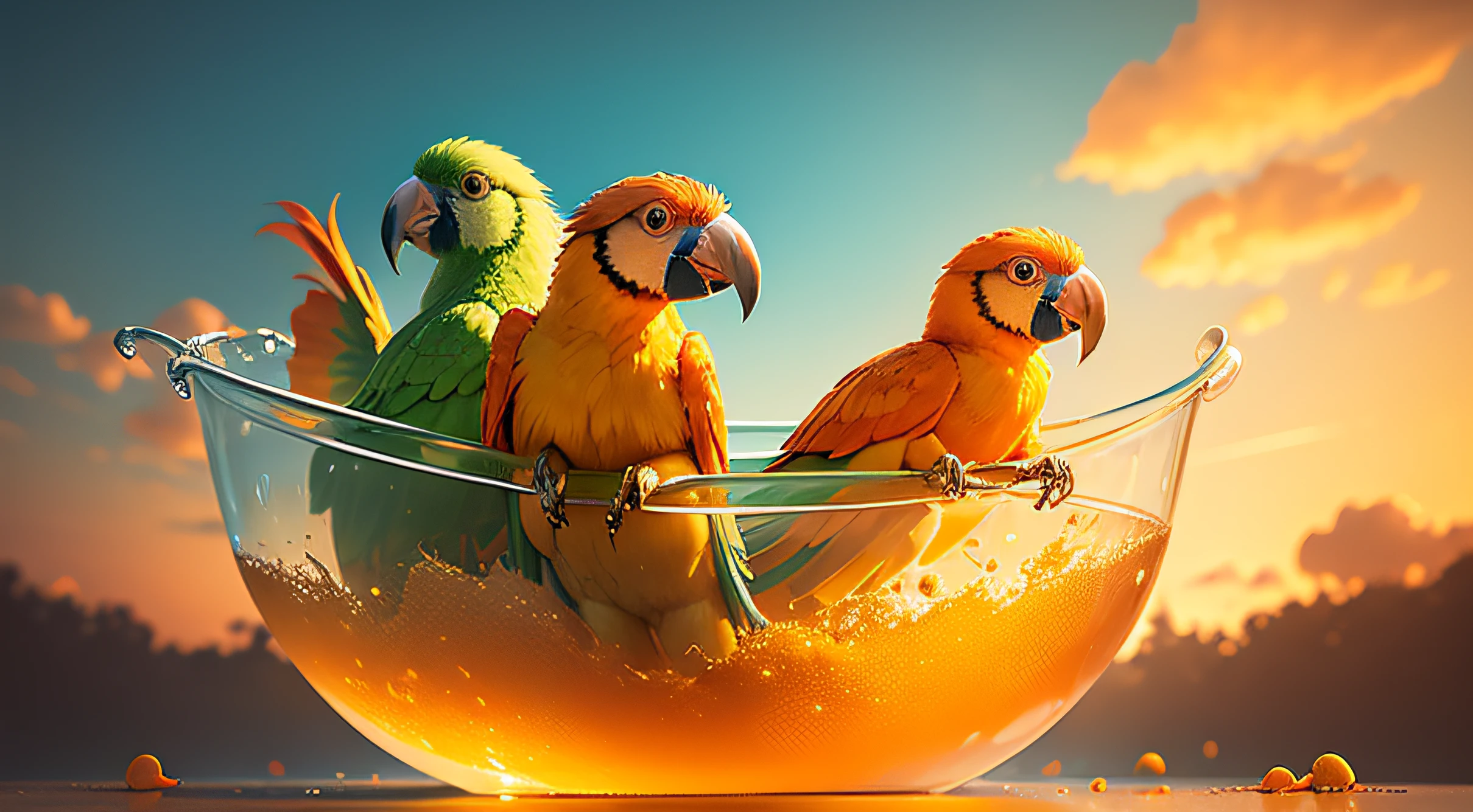 View of three orange parrots, Swimming in a big bowl with cornmeal, Pixar Style Movie, amazing sky, so cute, Splashing, big eyes, bright eyes, pretty eyes, transparent bowl