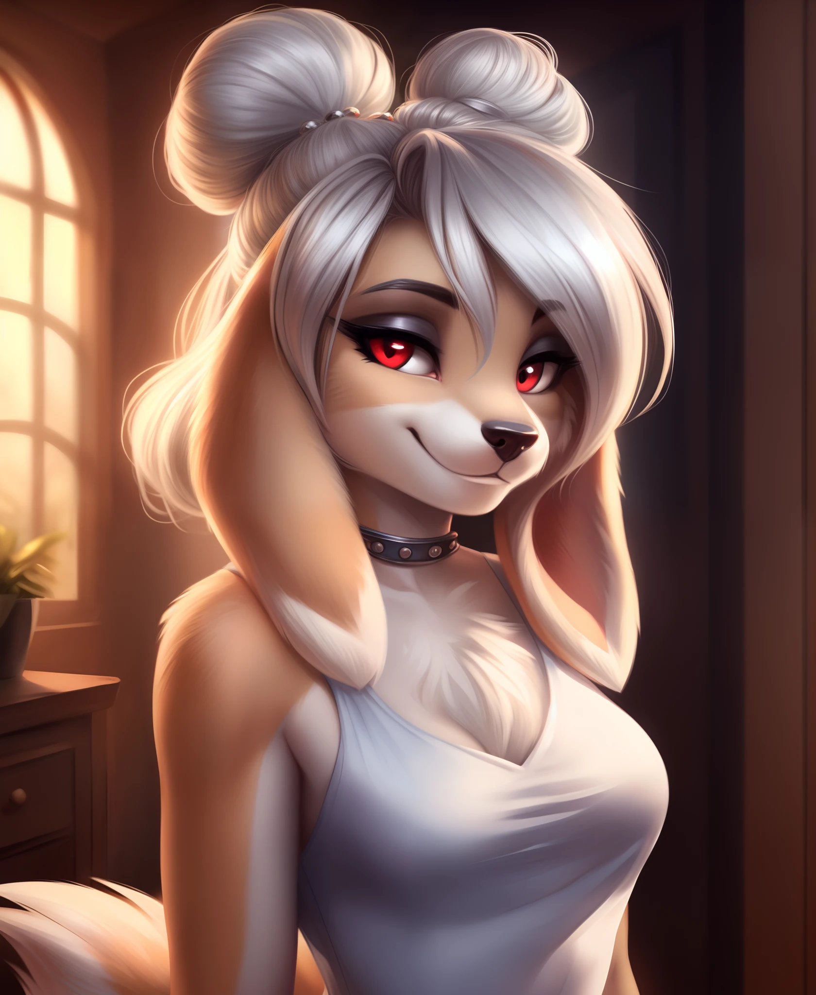 1girl, (loonabelle:1.1), (floppy ears, tan ears:1.2), hair bun, solo, (best quality, masterpiece:1), portrait, detailed, (body fur, furry body:1.4), tail, furry female anthro, , looking at viewer, smile, (detailed background:1.2), half-closed eyes, tan hair, silver bangs, red eyes,