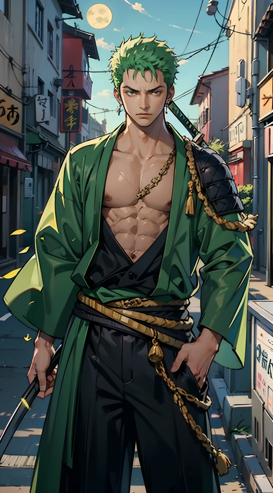 (Qualidade 4k),Roronoa (Qualidade 4k),Roronoa Zoro, 1 menino, quimono,  ((Three swords at the waist)),