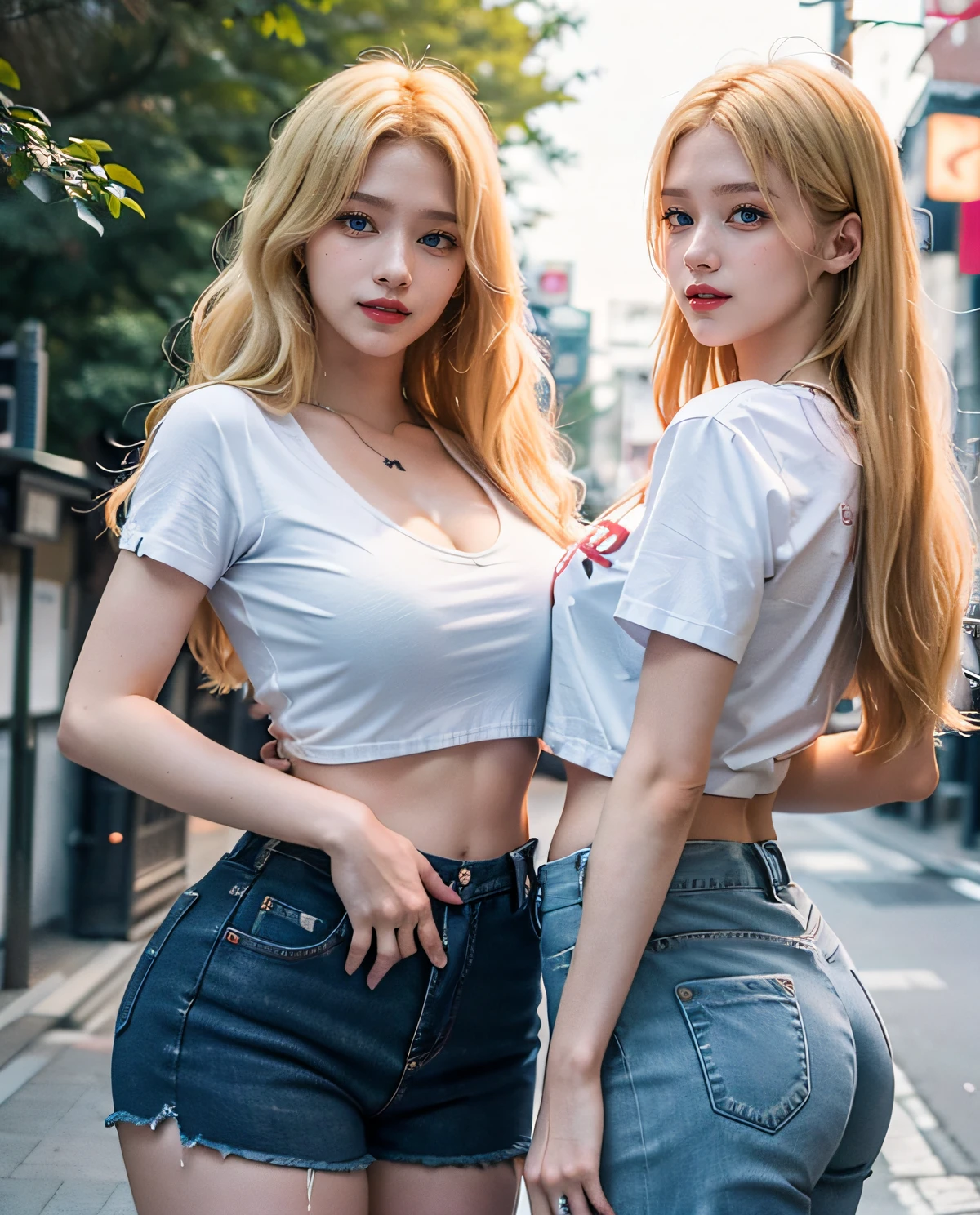 2girl, (Twins), Blue eyes, (smiling), (Sana Minatozaki), wide hips, Big Boobs, big ass, (Best Quality, 8k, Masterpiece: 1.3), perfect hands, Clear Focus: 1.2, Perfect Body Beauty: 1.4 , Slender Abs: 1.2, Highly detailed face and skin texture, detailed eyes, double eyelids, red lips, (blonde long hair), white cleavage t-shirt, jeans, standing, (with his twin sister :1.4), in a Tokyo neighborhood, sakura trees in the background, deep on field