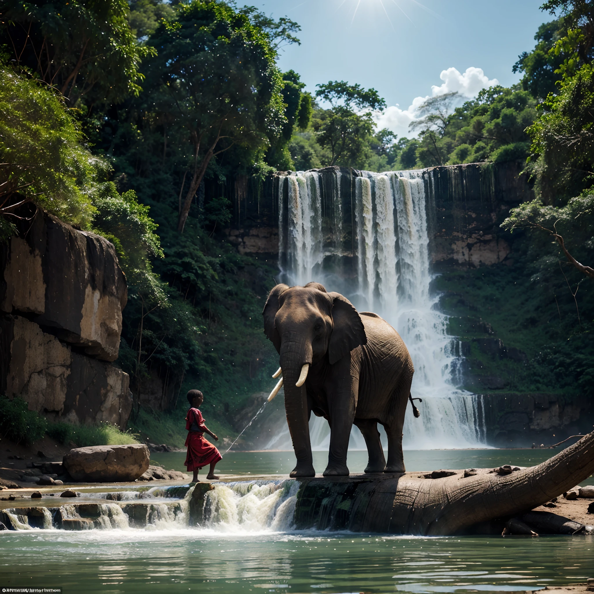 Elephant at a lake using it's trunk to pour water on happy african masai children, waterfall and beautiful vegetation in the background, cinematic lighting, artgerm style, bright and vibrant colours, ultra HD, unreal engine rendered,