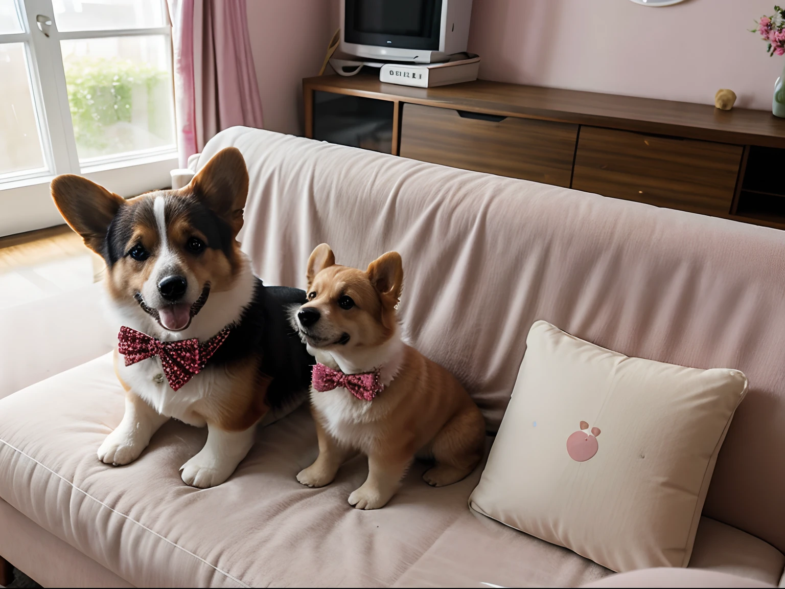 realistic, photo, 1 corgi dog with a teddy bear, pink bow with sparkles, background living room with natural sunlight, 8k, high quality