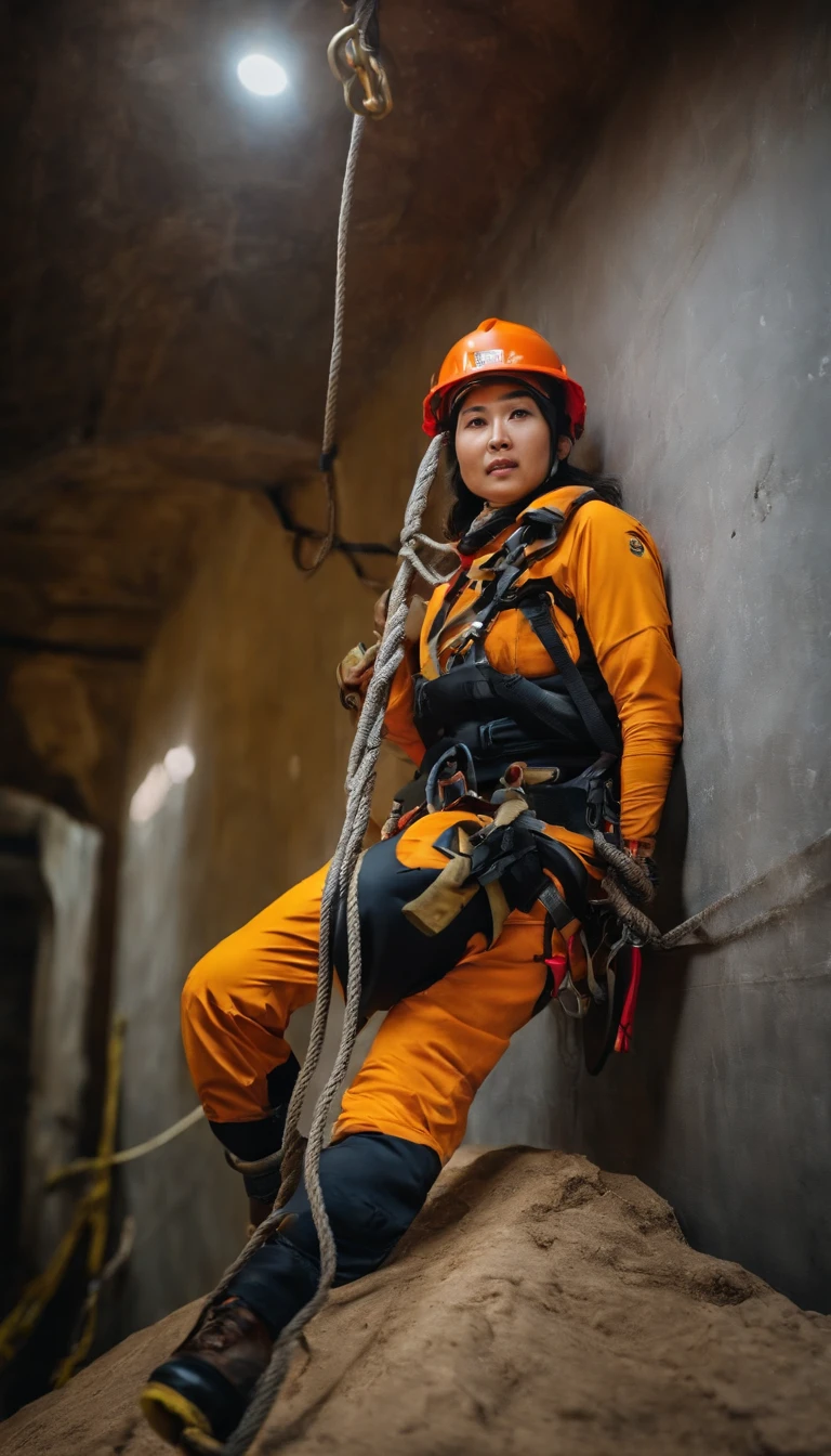 Beautuful Women，People who carry out rope rescue training，Rope rescue techniques，Rescue team,Rescue training, Asian climber, Extremely detailed, Full body photo,，超高分辨率，high detal，Cinematic lighting