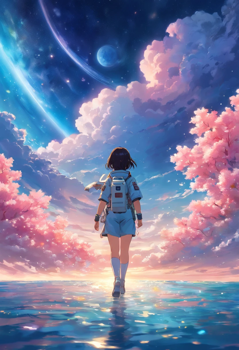 El astronauta camina en el mar de flores salpicado de nubes rosadas,The astronaut who is alone,El astronauta no puede abandonar este planeta,El astronauta se pierde en el espacio ilimitado.