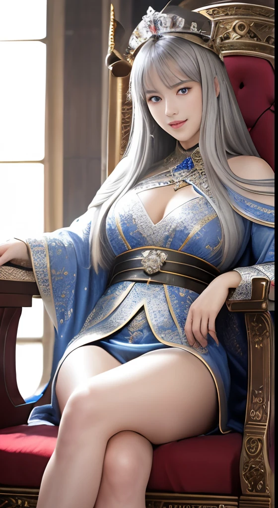 (masutepiece, Best Quality: 1.4), in 8K,Raw photo,Real person,Photorealistic, (full_Body:1.5), Bright natural light, Glossy skin, Detailed skin, Detailed face, Detailed eyes, Perfect beautiful hands, Detailed fingers, beautifully detailed eyes, Perfect eyes, Seductive eyes, Smile with visible perfect teeth, beautiful Girl、Girl with sexy body, Medieval emperors、Luxurious and vibrant medieval emperor dresses、Sitting cross-legged in a luxurious emperor's chair、Silver-haired long-haired