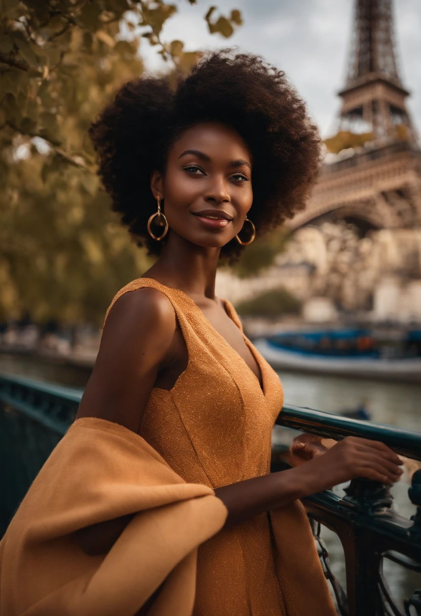 Imagine a 25-year-old woman with dark skin, of African descent in Paris, en France, debout devant la Tour Eiffel, wearing an elegant Parisian outfit. She captures the magic of the City of Light with a radiant smile