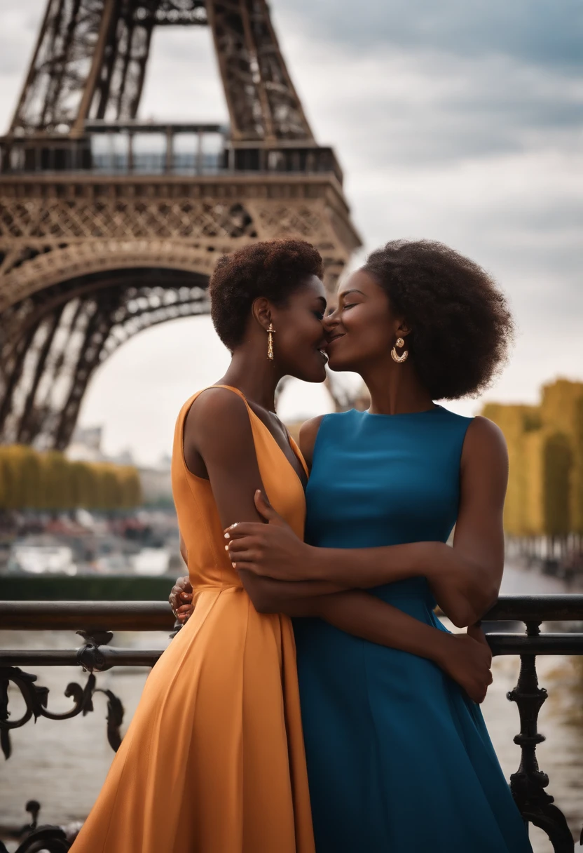 Imagine a 25-year-old woman with dark skin, of African descent in Paris, en France, debout devant la Tour Eiffel, wearing an elegant Parisian outfit. She captures the magic of the City of Light with a radiant smile