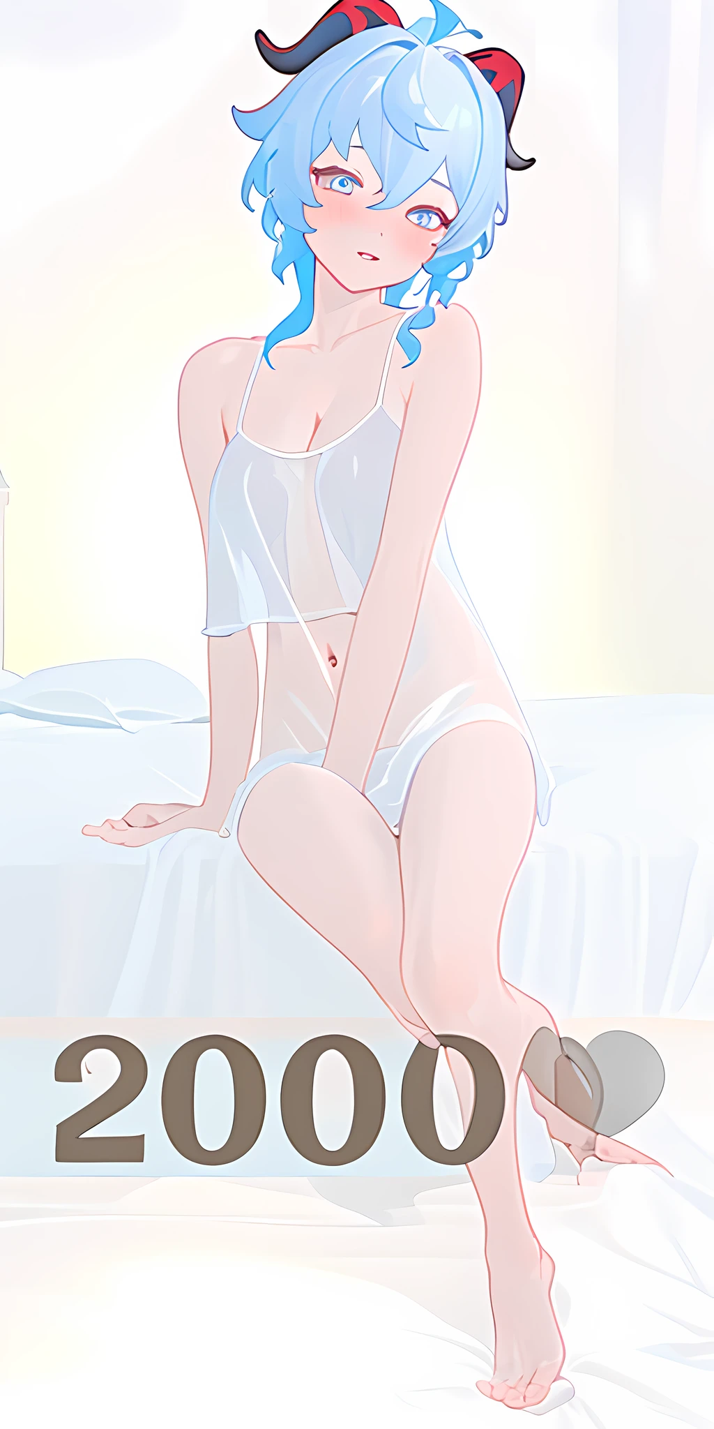 (masterpiece, sidelighting, finely detailed beautiful eyes: 1.2), masterpiece*portrait, 3d face, lustrous skin, 1girl, sitting, ganyu \(genshin impact\),horn blue hair, low ponytail, bare shoulders, blush, (see through clothes, camisole), cleavage, bare foot, parted lips, collarbone, navel, on bed, white sheet, ((bed)), ((room)), best shadow, sunrise