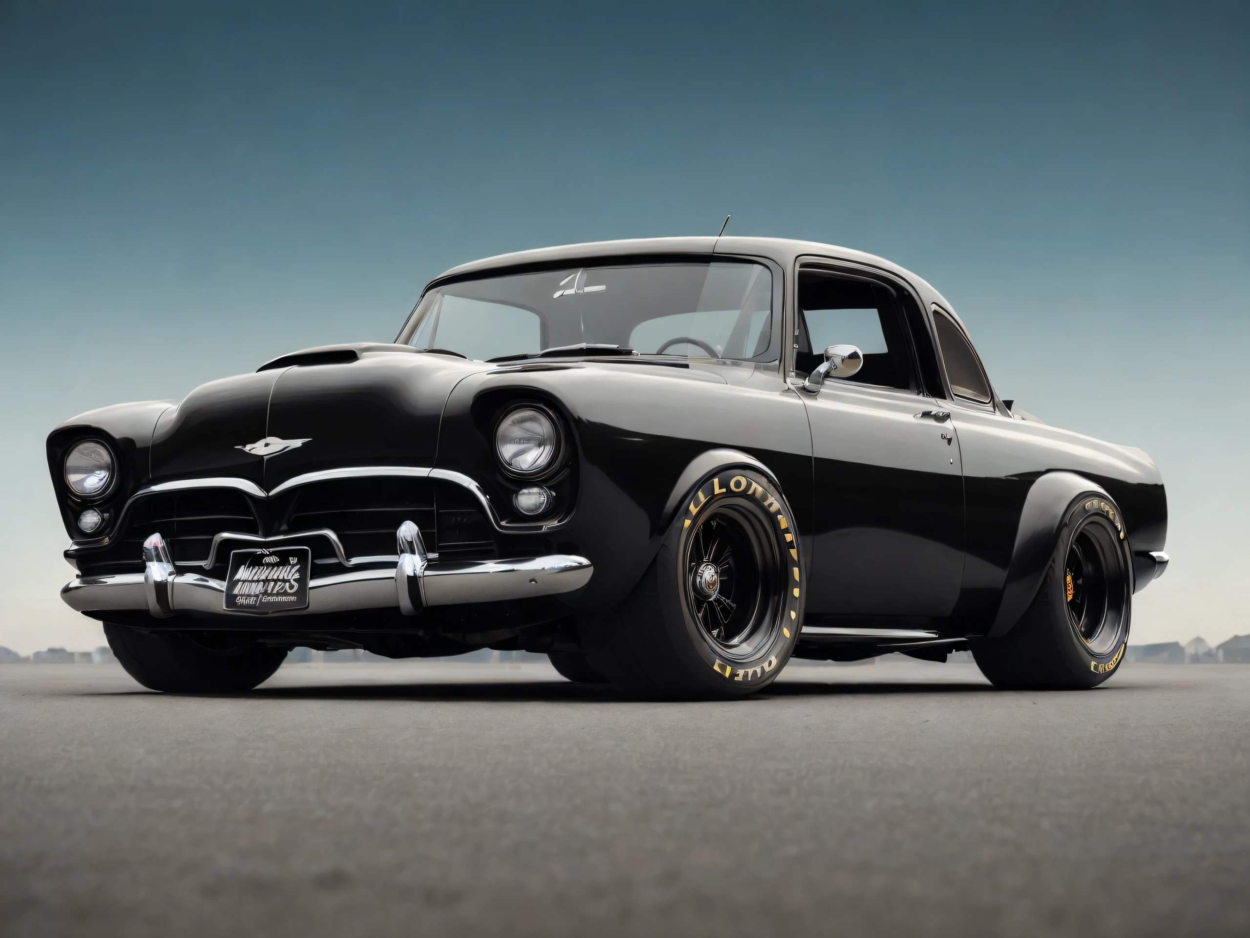 (((low-slung old retro tuned black race zeekars))) at the parking lot, at night city,