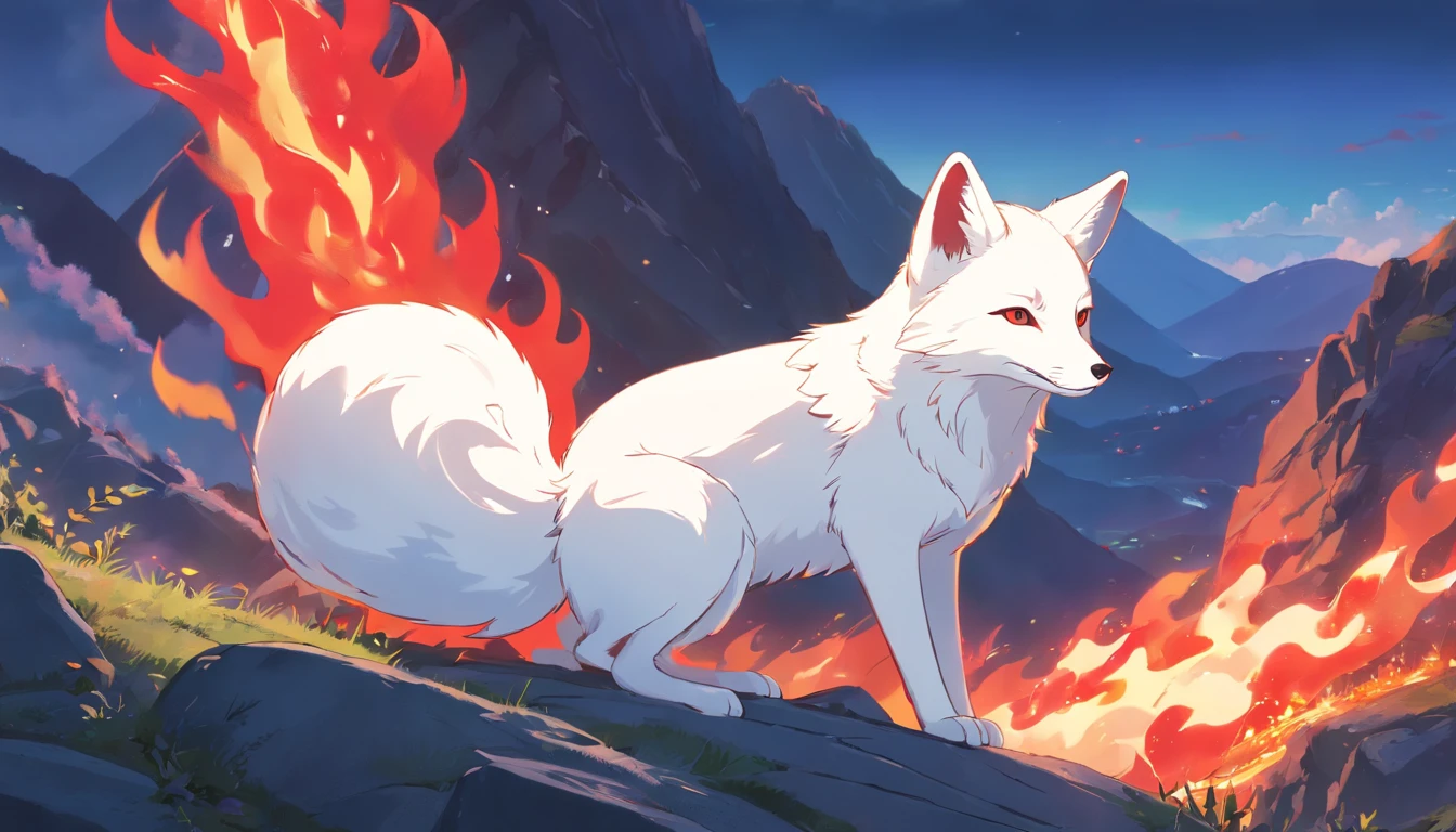 best quality, 8k, A small white fox with red flames on its body parts lies on top of the mountain
