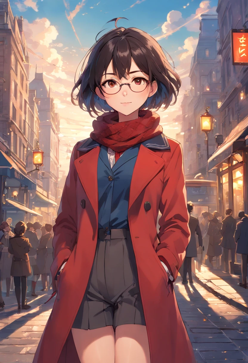 extremely detailed CG unity 8k wallpaper, {{{masterpiece}}}, {best quality}, illustration,{{ultra-detailed}}, {best illustration},{best shadow}, {{an extremely delicate and beautiful}},{detailed light}, {{cute anime face}}, cinematic camera, depth of field, 1girl, floating, shine,  short black hair, wind lift, dishelved hair, beautiful and detailed brown eyes, detailed face, pilot glasses on the head, red overcoat, short frilly pants, medium breasrts, {{{{{{hands on pocket}}}}}}, {{{blue scarf}}}, looking at the viewer, long sleeves, red coat, closed mouth, light smile, red jacket, shining day, 26 years old, {{{adult woman}}}, dynamic background, {{{nose, lips}}}, intricate details, expressive, {pupils}, {{cinematic angle, dynamic action pose}}, {{{{detailed anime, hyper detailed anime animation}}}}, arms, legs, detailed background,  {{steampunk, goth Victorian London}}, {{side street background}}, {{aristocrat, aristocratic}}, outside, pouch, cloudy sky, city in the distance, distant buildings, London, sunset, street lamps, airships in sky, cars in distance, street level, {{fog, mist}}