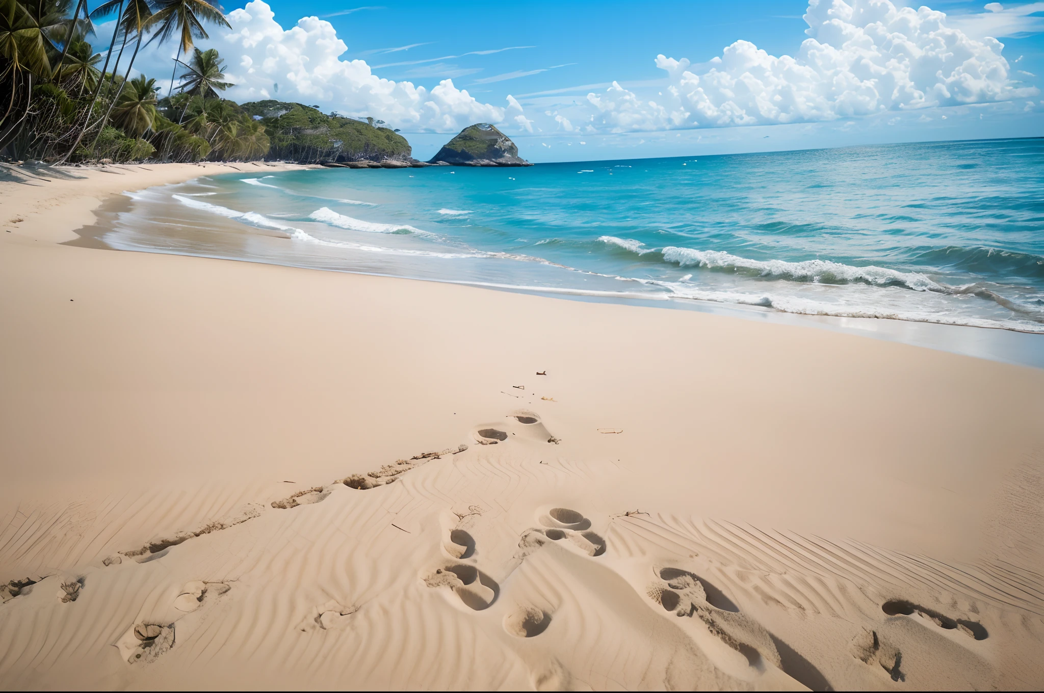 A perfect exotic beach scenery, 14 pm, ((very low angle photo taken with the camera placed on the ground):1.2)