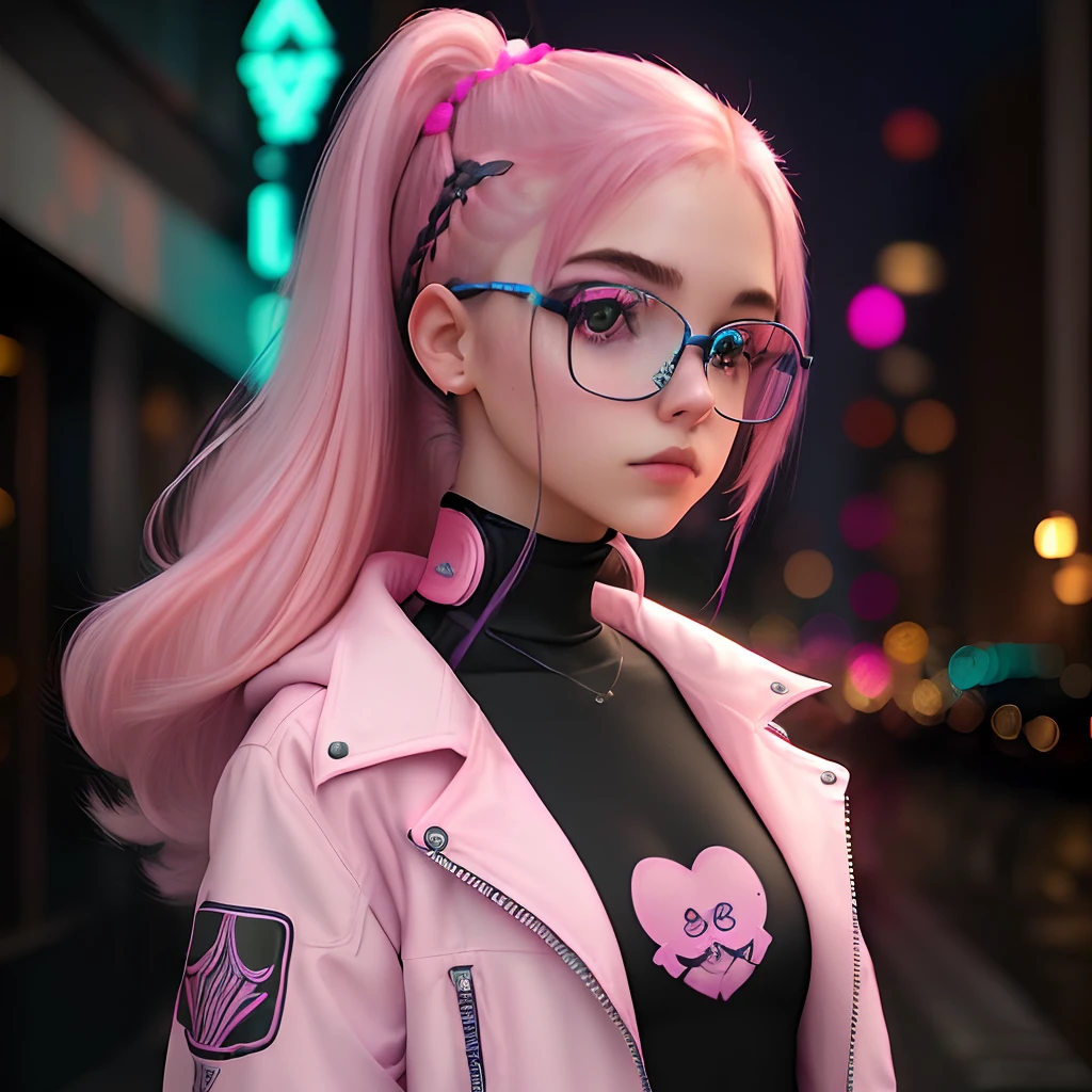 ((Melhor Qualidade)), ((Obra-Prima)), ((Realista)) and ultra-detailed photography of a nerdy girl in gothic and neon colors. Ela tem ((cabelo pink)), usa uma jaqueta techwear e exala uma vibe ((beautiful and aesthetic)),