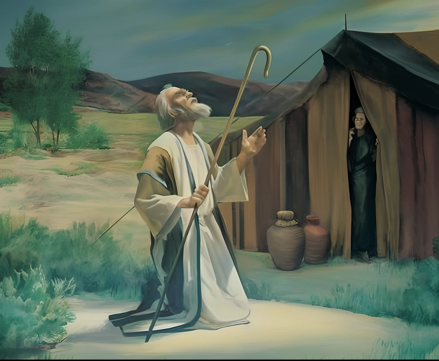 Biblical characters, Abraham and Sarah, it is night time, There's stars in the sky, Abraham Comes Out of His Tent, He looks up at the sky,