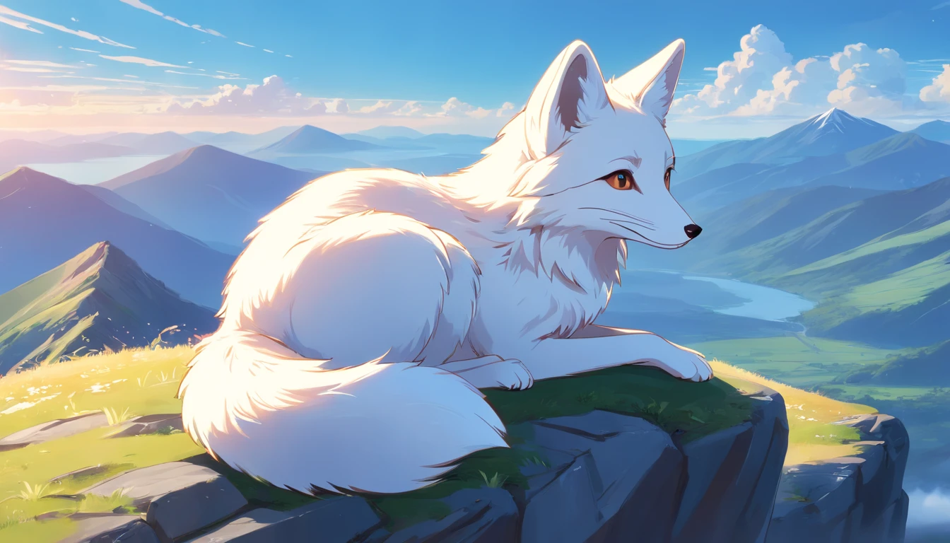 best quality, 8k, A small white fox is lying on the top of the mountain, looking into the distance, quiet and chill