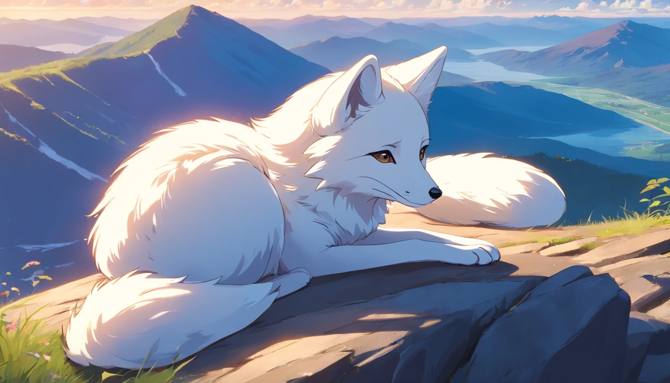 best quality, 8k, A small white fox is lying on the top of the mountain, looking into the distance, quiet and chill