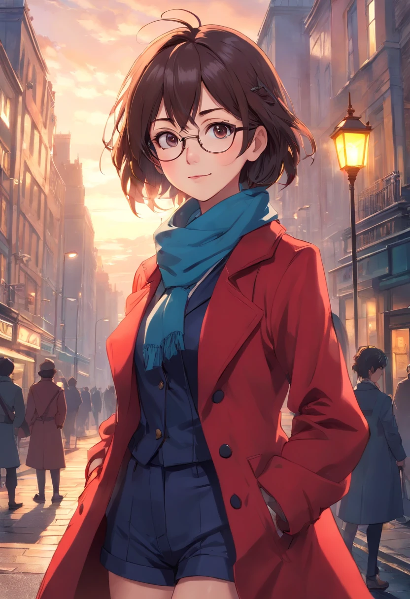 extremely detailed CG unity 8k wallpaper, masterpiece, best quality, illustration,ultra-detailed, best illustration,best shadow, an extremely delicate and beautiful,detailed light, cute anime face, cinematic camera, depth of field, 1girl, floating, shine,  short black hair, wind lift, dishelved hair, beautiful and detailed brown eyes, detailed face, pilot glasses on the head, red overcoat, short frilly pants, medium breasrts, hands on pocket, blue scarf, looking at the viewer, long sleeves, red coat, closed mouth, light smile, red jacket, shining day, 26 years old, adult woman, dynamic background, nose, lips, intricate details, expressive, pupils, cinematic angle, dynamic action pose, detailed anime, hyper detailed anime animation, arms, legs, detailed background,  steampunk, goth Victorian London, side street background, aristocrat, aristocratic, outside, pouch, cloudy sky, city in the distance, distant buildings, London, sunset, street lamps, airships in sky, cars in distance, street level, fog, mist