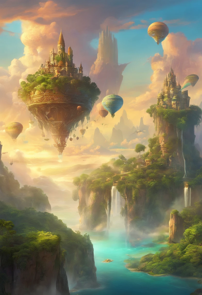 Many islands are suspended in the air with many small airships flying around, cities, fantasy, magical plants growing, extreme details, realistic light, epic composition, (complex details), (complex design, ultra-details :1.2), Art Station, (Masterpiece, Best Quality), Ultra HD, 32k --v 6