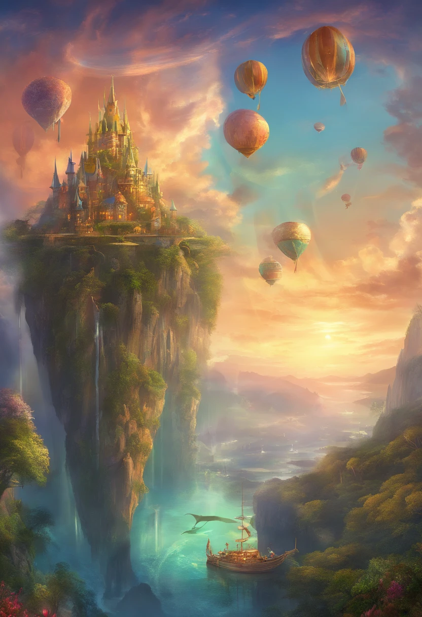 Many islands are suspended in the air with many small airships flying around, cities, fantasy, magical plants growing, extreme details, realistic light, epic composition, (complex details), (complex design, ultra-details :1.2), Art Station, (Masterpiece, Best Quality), Ultra HD, 32k --v 6