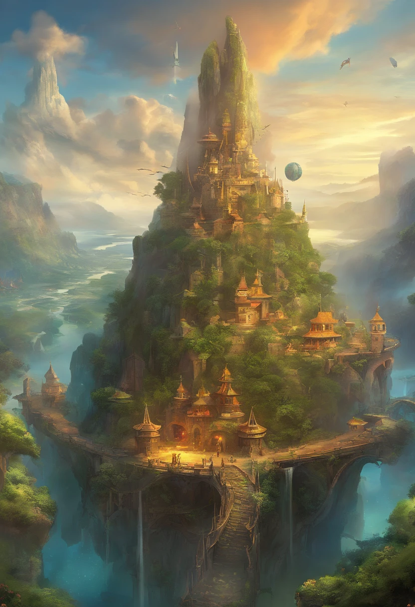 Many islands are suspended in the air with many small airships flying around, cities, fantasy, magical plants growing, extreme details, realistic light, epic composition, (complex details), (complex design, ultra-details :1.2), Art Station, (Masterpiece, Best Quality), Ultra HD, 32k --v 6