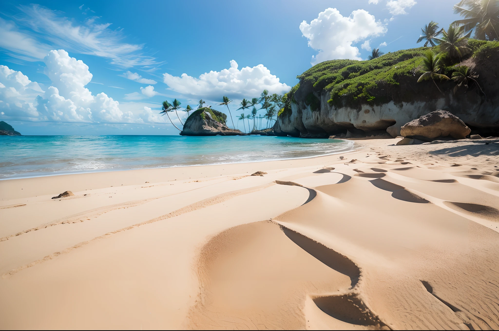 A perfect exotic beach scenery, 14 pm, ((very low angle photo taken with the camera placed on the ground):1.2)