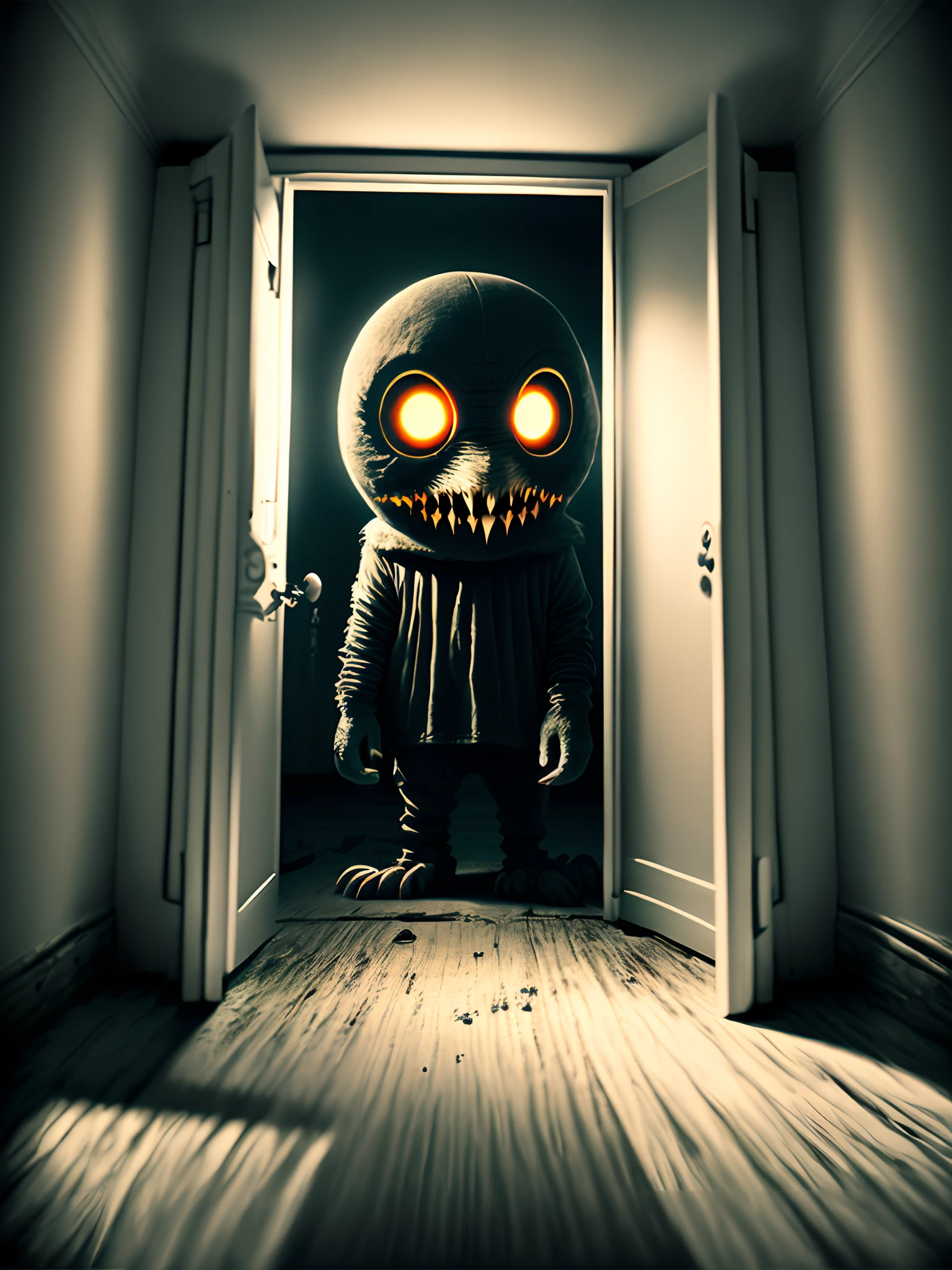 abandoned mansion, FIRST PERSON POINT of an arm holding a lamp in its hand, Inside the mansion, Scary doll with a maniacal smile and look