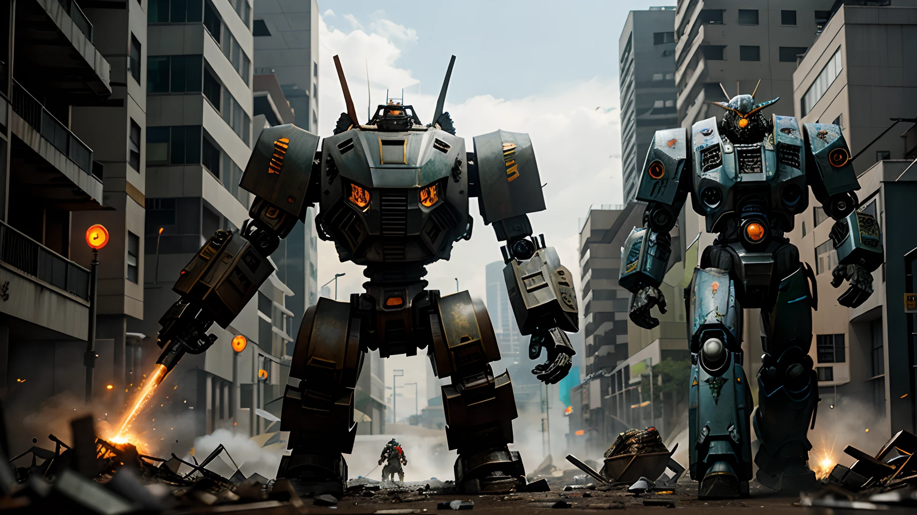Futuristic scrappers dismantling a combat mecha in a post-apocalypse city