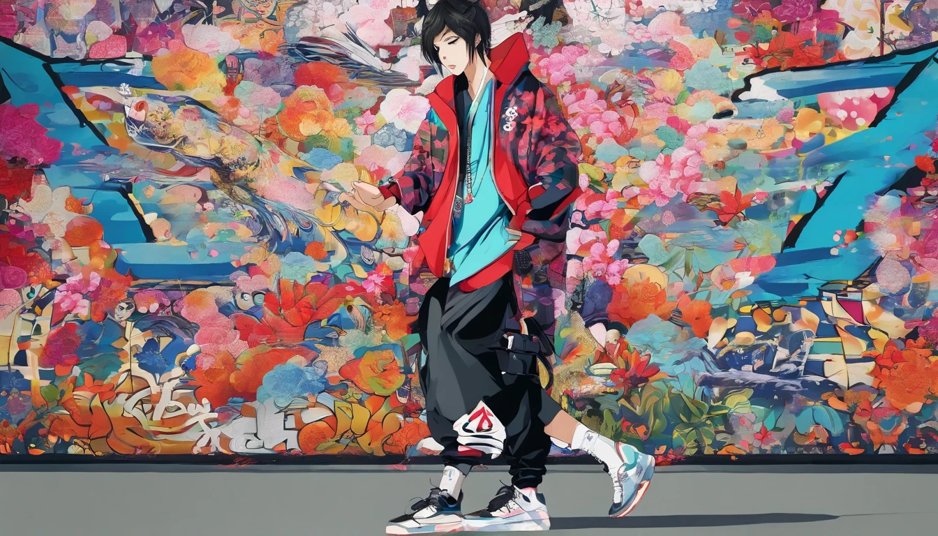 (hip hop scene) a hip hop confidant badass , fullbody traditional japanese porcelain geisha graffiti artist DealWithIt badass selfie pose on graffiti wall