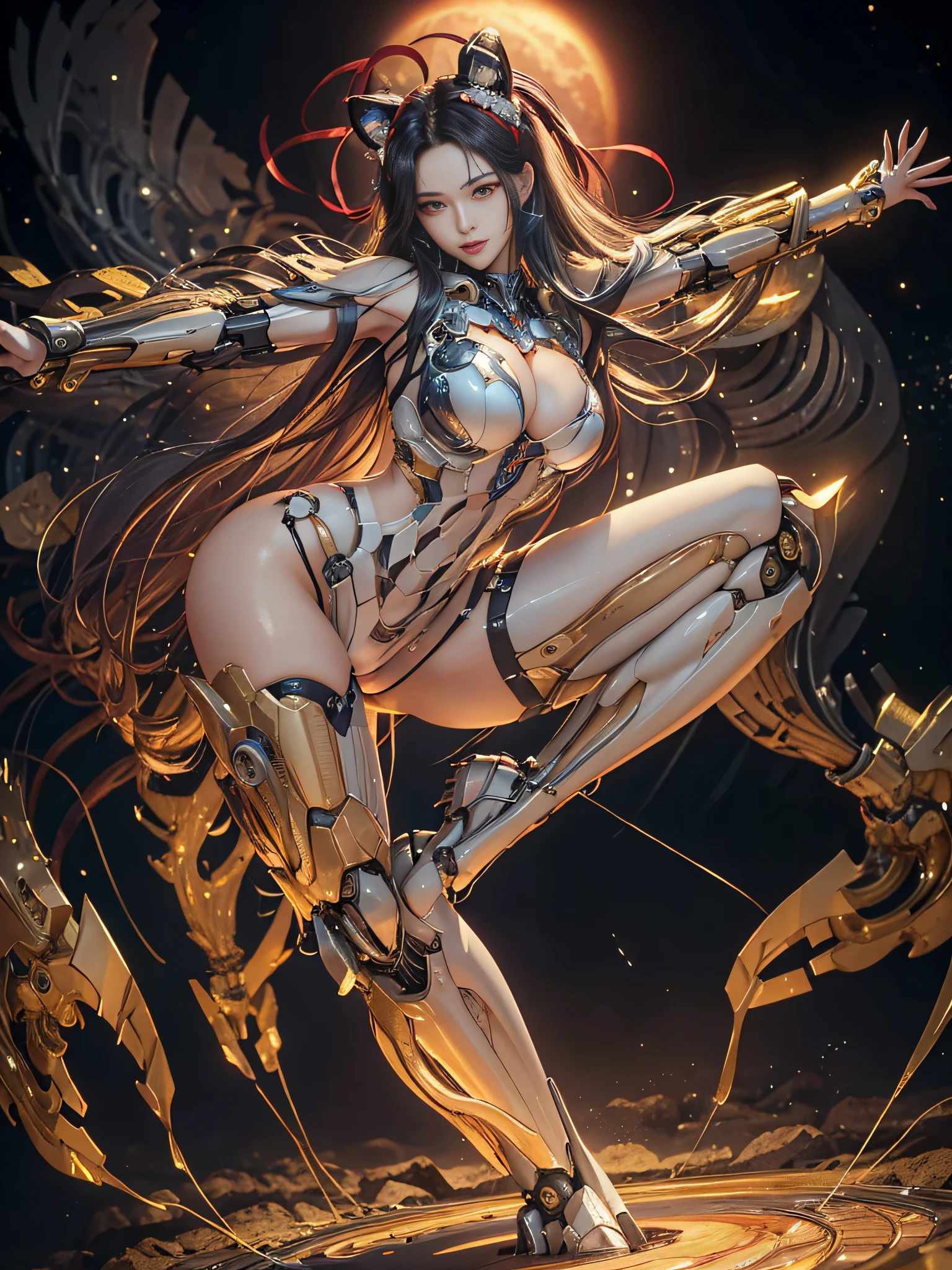 ​masterpiece、top-quality、ultra-detailliert、very detailed illustration、ighly detailed、intricate-detail、hight resolution、super complex details、extremely detailed 8k CG wallpaper、Full body shot、Caustics、Reflectors、Ray traching、(1 persons:1.4)、独奏、mecha musume、Mechanical parts、Robot joints、Complex mecha bodysuits、Super long hair、(Gentle smile:1.5)、beautiful countenance、A detailed face、perfectly proportions、爆乳、Beautiful waist、Navel、big butts、Neat and neat buttocks of round shape,、Crotch gap、Large Thigh、clong legs、white  hair、hairs between eyes、O cabelo multicolorido、Inner hair color、red eyes、Luminous Eyes、(randome pose、dynamicposes,:1.5)、(The background is outer space、stele、planet earth、a moon,)