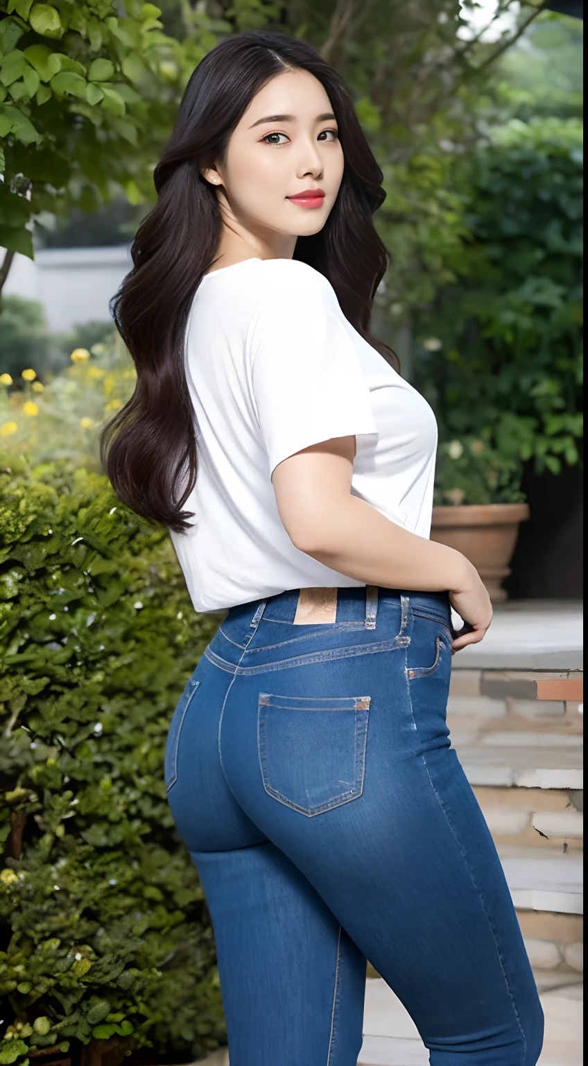 wear tight jeans，Tall guy，tee shirt，Plump buttocks，Full breasts，Big and with God's eyes，detail-rich，mano，skin textures, Whiten skin，cabelos preto e longos，The front is charming，on the garden