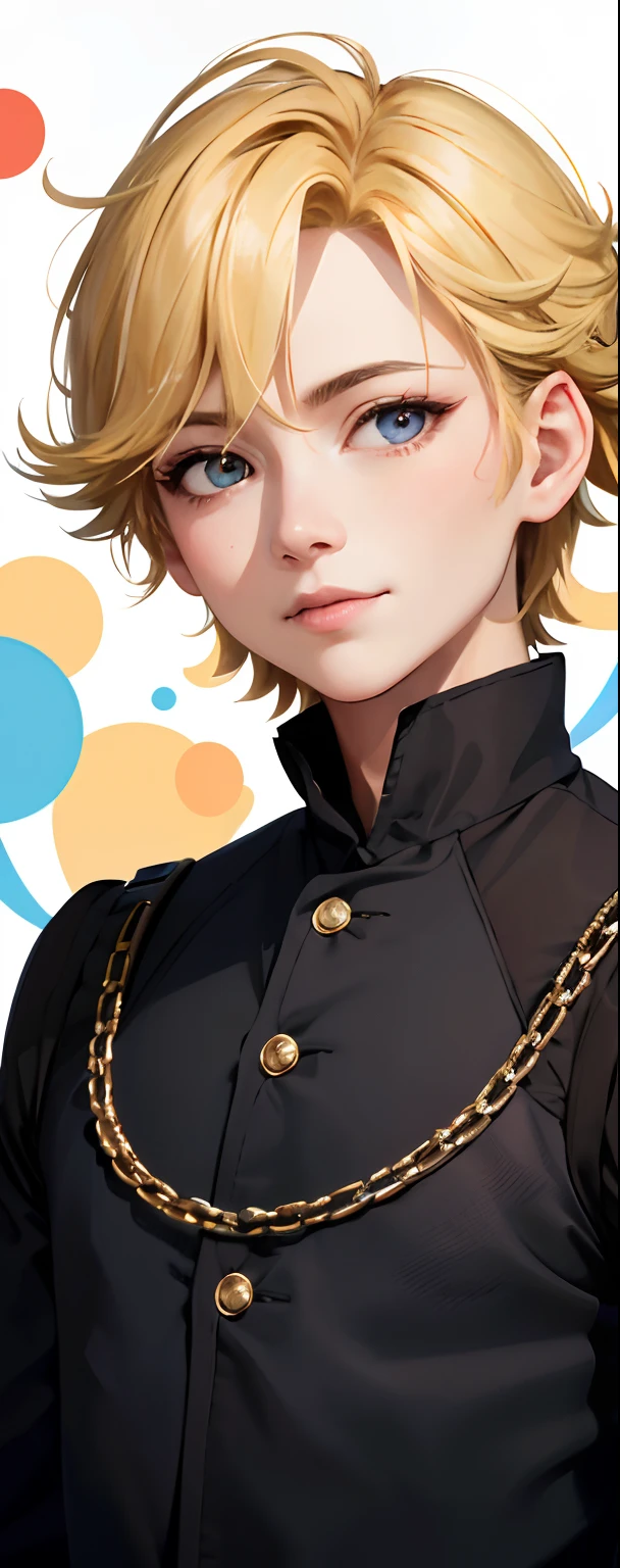 (absurderes, A high resolution, Ultra detailed), (Cinematic), (hyper HD), Solo, 1人, mature, cheerfulness, Upper body, blond with short hair, fantasy, Spring, sonoko, Closed mouth, (Cinematic, Best quality, hyper HD), ((offcial art)), ((Pop art))profile, Simple cottage, Detailed face, (Extremely detailed eyes), Naruto Uzumaki, ((nobles)), (((The prince is dressed in black))), Emperor, Duca, (((((Solo)))))