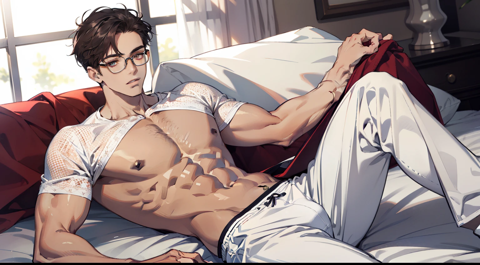 man in white underwear sitting on a bed with a red blanket, , teen boy, hame pale, mature, muscular young man, smooth skin, very smooth, anton, teenage boy, whikirt and barechest, well proportioned, dark hair, messy hair, glasses, freckles,