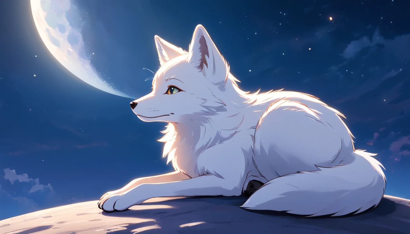 best quality, 8k, A small white fox is lying on the top of the moon, looking into the distance, quiet and chill,