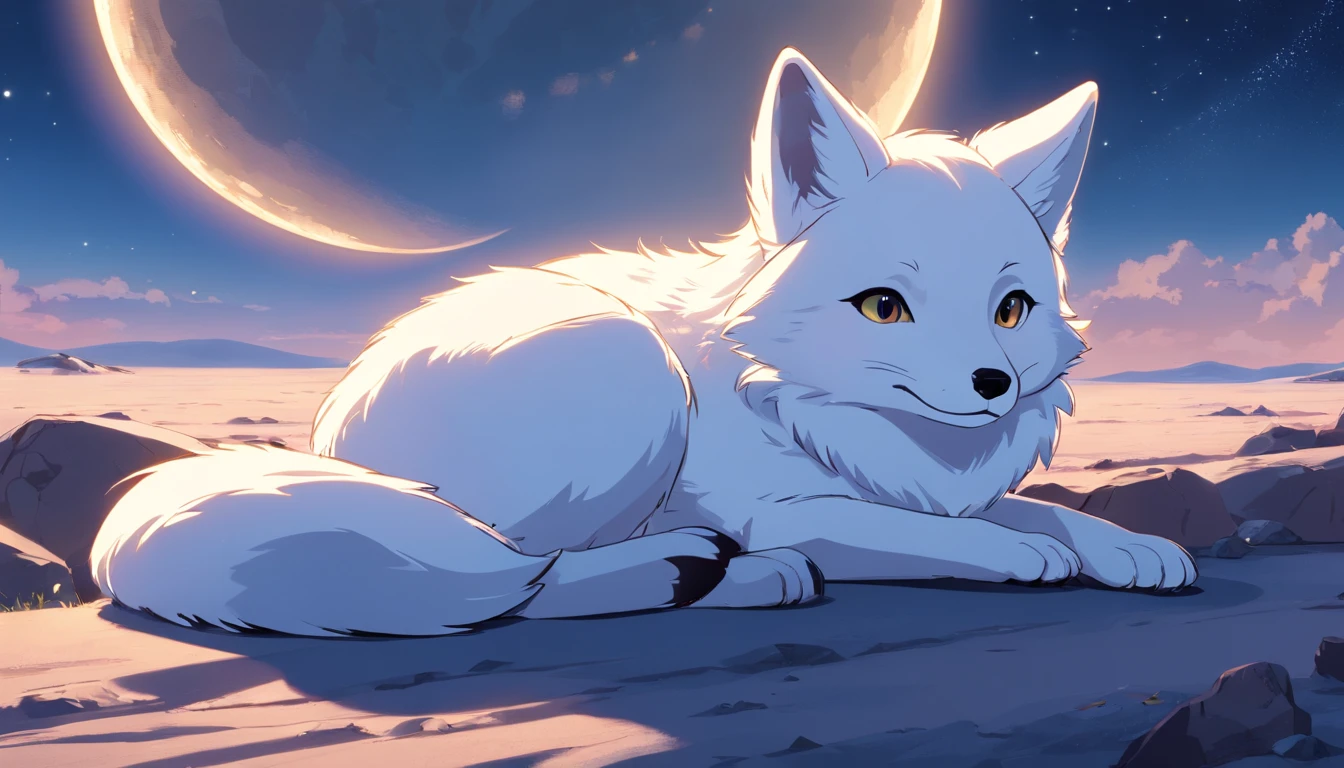 best quality, 8k, A small white fox is lying on the top of the moon, looking into the distance, quiet and chill,