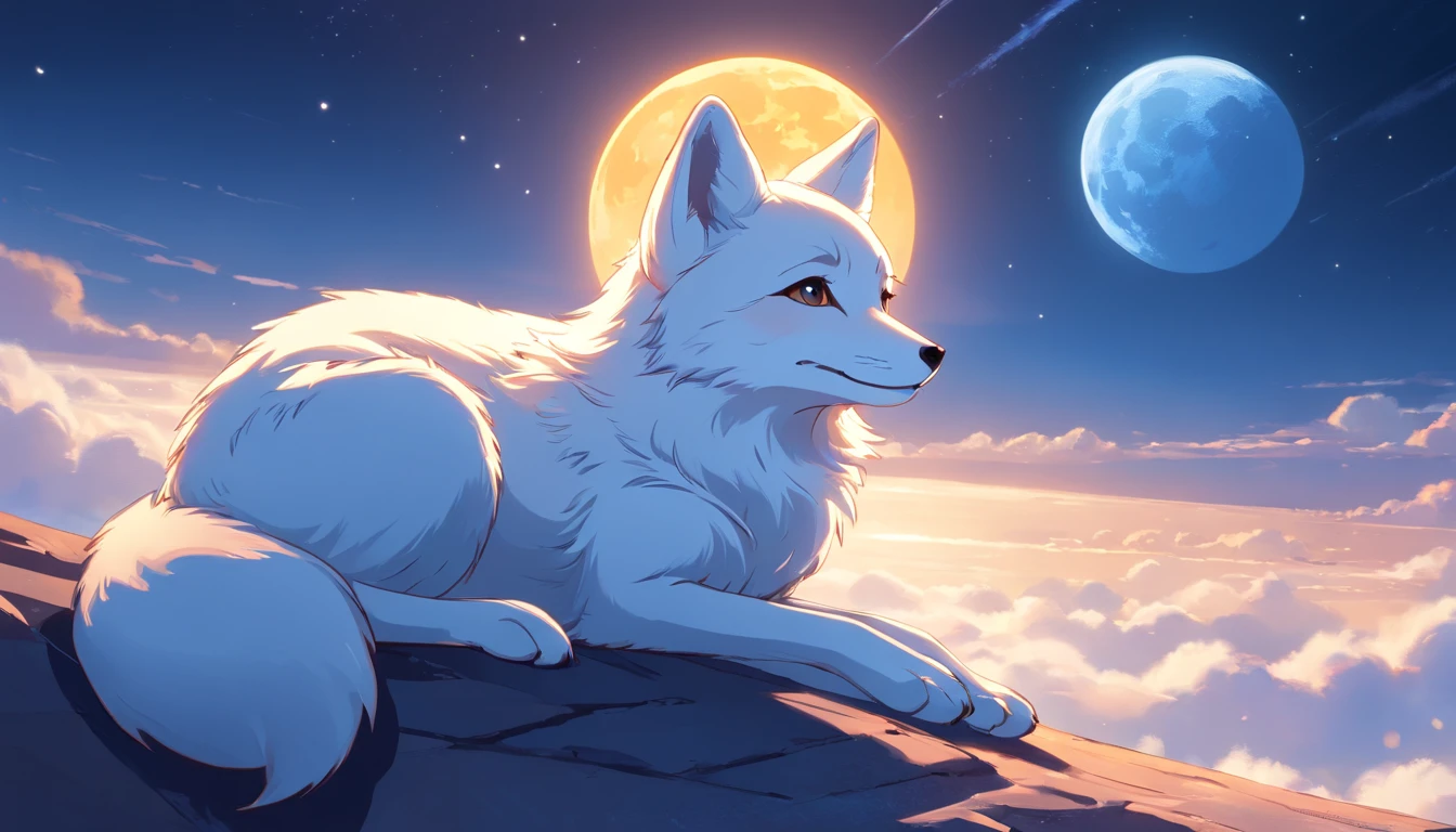 best quality, 8k, A small white fox is lying on the top of the moon, looking into the distance, quiet and chill,