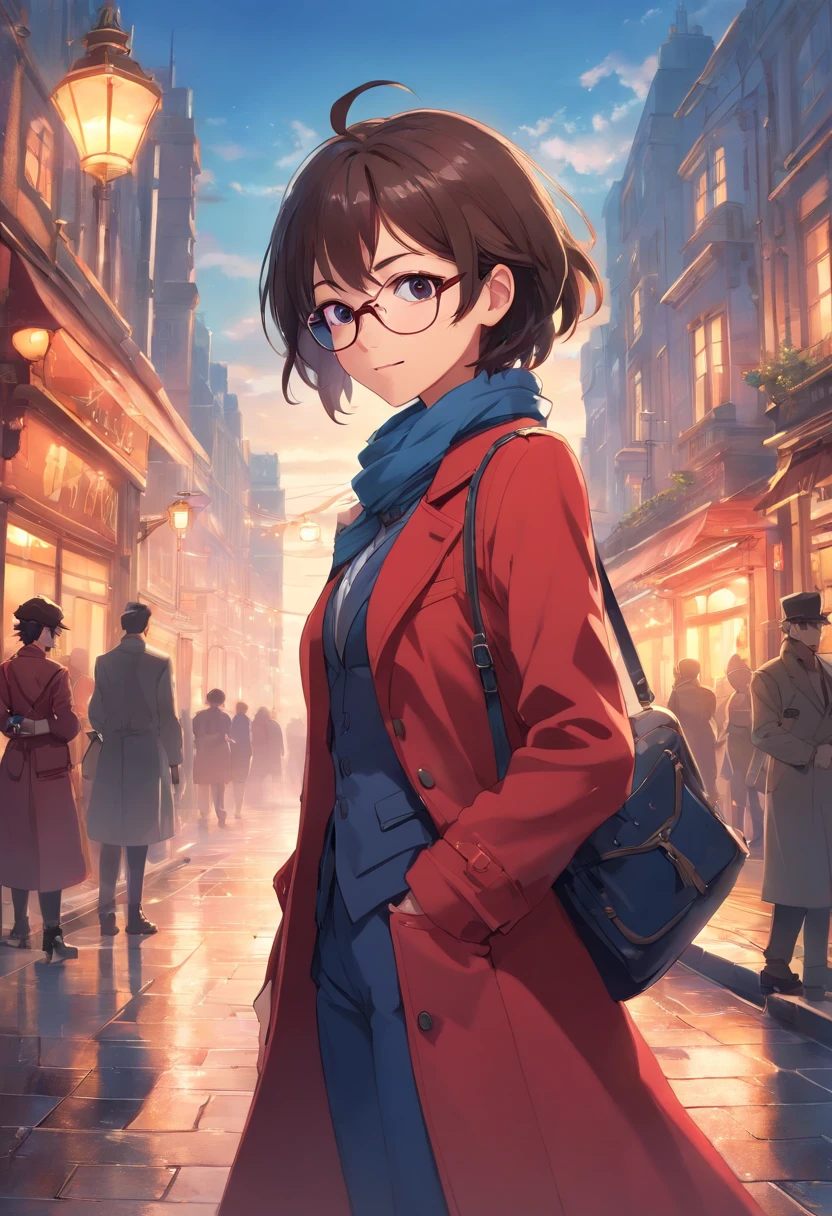 extremely detailed CG unity 8k wallpaper, masterpiece, best quality, illustration,ultra-detailed, best illustration, best shadow, an extremely delicate and beautiful, detailed light, cute anime face, cinematic camera, depth of field, 1girl, floating, shine,  short black hair, wind lift, dishelved hair, beautiful and detailed brown eyes, detailed face, pilot glasses on the head, red overcoat, red pants, medium breasrts, hands on pocket, blue scarf, looking at the viewer, long sleeves, red coat, closed mouth, light smile, red jacket, shining day, 26 years old, adult woman, dynamic background, nose, lips, intricate details, expressive, pupils, cinematic angle, dynamic action pose, detailed anime, hyper detailed anime animation, arms, legs, detailed background,  steampunk, goth Victorian London, side street background, aristocrat, aristocratic, outside, pouch, cloudy sky, city in the distance, distant buildings, London, sunset, street lamps, airships in sky, cars in distance, street level, fog, mist