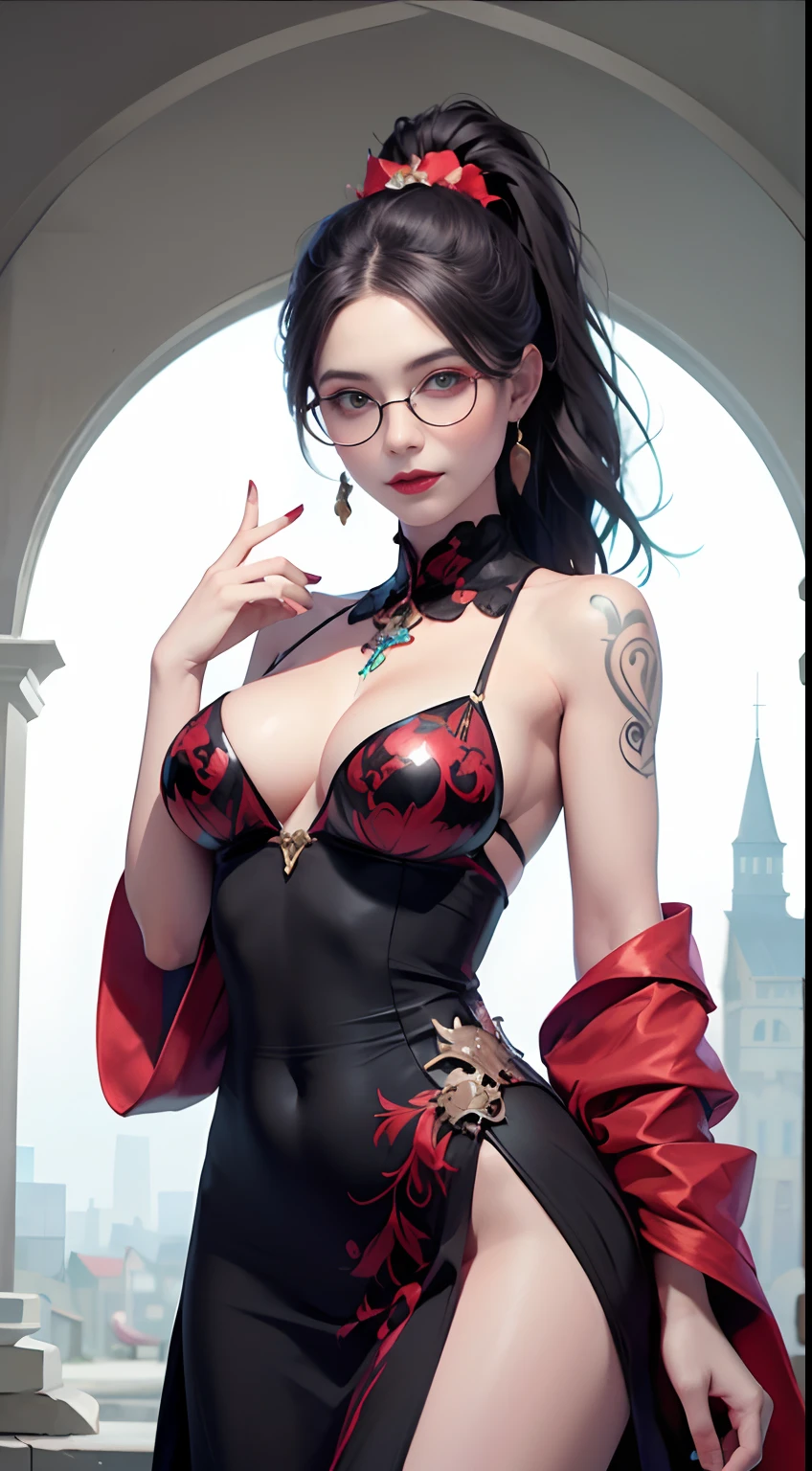 1 beautiful devil woman from hell, surreal female portraits by David Hockney and Alphonse Mucha, Fantasy Art, Chinese Doll, Photorealism, Dynamic lighting, art stations, poster for, Volumetric lighting, Intricate tattoos on the face with highly detailed details, demonic intricate tattoos, thigh tattoos, body tattoos, 8k ultra, Awarded, In the Dark, lowkey, cowboy lens, (Black Phoenix Dress: 1.0), Long hair, Black hair, Bust, Devil's Palace, devil crown, red eyes make up very sharp and detailed, The most beautiful face, a 、Seductive body、((((black-rimmed round glasses))))、 Super tight breasts, Breast augmentation surgery, The breasts are very big and round and round, Super realistic, Black Dark Magic Dress, Charming smile, The eyes are very well made up, ((Red Eye:1.0)), guweiz, devil style, wearing black mesh socks, Ponytail with a bow tied at the back of the hair, plump beautiful red lips, wearing a thin red and black robe, Hands pull the straps to expose sexy breasts, the landscape is overcast and thunderous, Beautiful female demon portrait, Protagonist Close-up、intricate tattoos, demonic intricate tattoos, thigh tattoos, body tattoos, (Detailed spooky backgrounds:0.8), nffsw, nffsw, The 8k quality, detailed pixel, Meet beautiful girls, Look at the girl's body, ((((black-rimmed round glasses))))、Portrait of a woman in black magic clothes、Portrait of a Superhuman Woman by David Hockney and Alphonse Mucha, Fantasy Art, Chinese Doll、Seductive Woman、a baby faceaii、