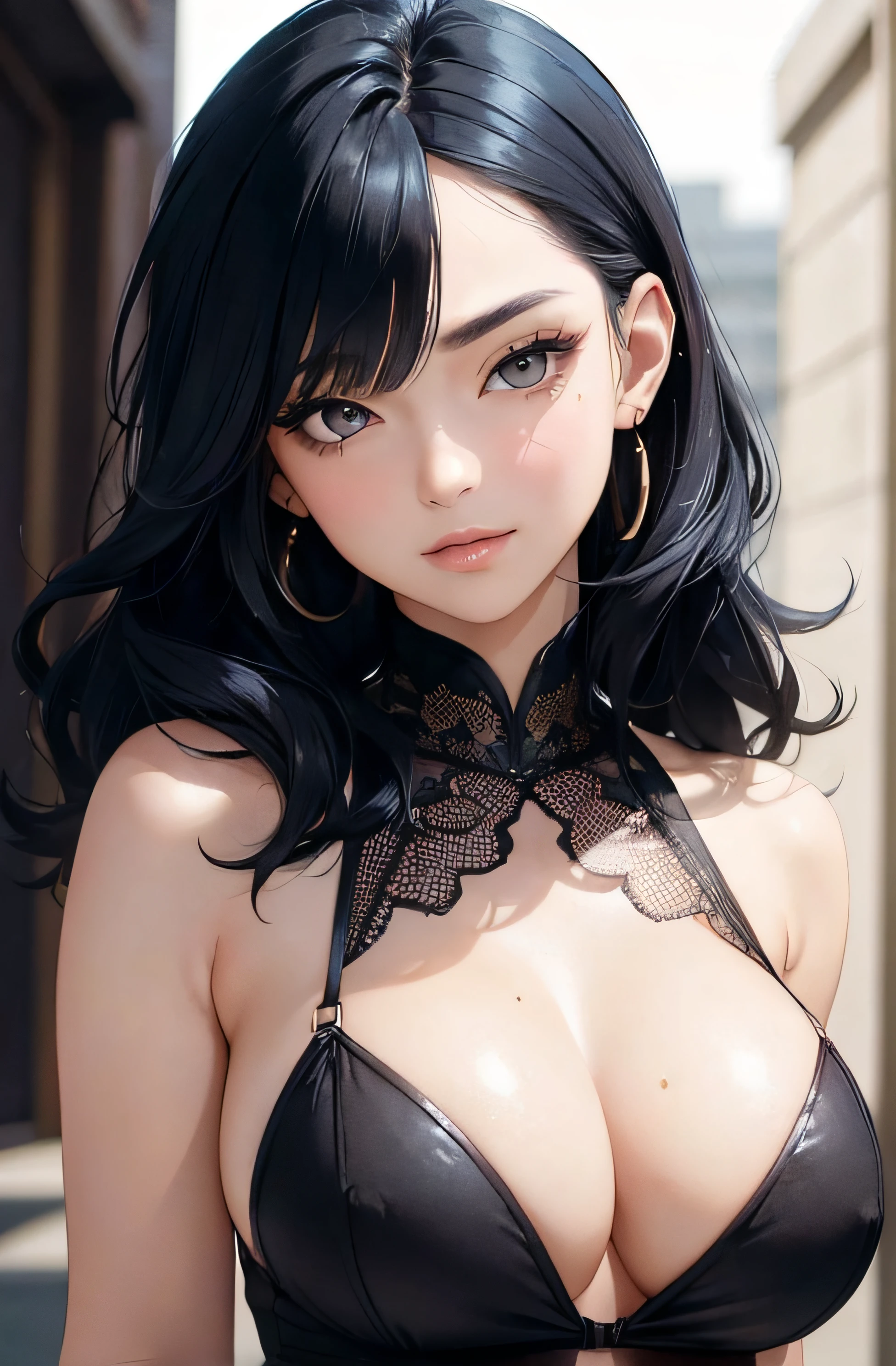 (A photo of upper body), Beautiful face, Highly detailed face and skin texture, (Detailed eyes), Brown eyes, Double eyelids, Thin eyebrows, Glitter eyeliner: 1.2, Natural cheeks, Shiny skin, Fair skin, (((with elegant outfit))), (Shiny lips: 1. 4), (Seductive smile), (20 years old), (Wavy hair, Diagonal bangs), ((black and blue hair)), mid hair, ((Upper body shot)), ((Focus on chest and face)), Medium large breasts, Upturned breasts.
