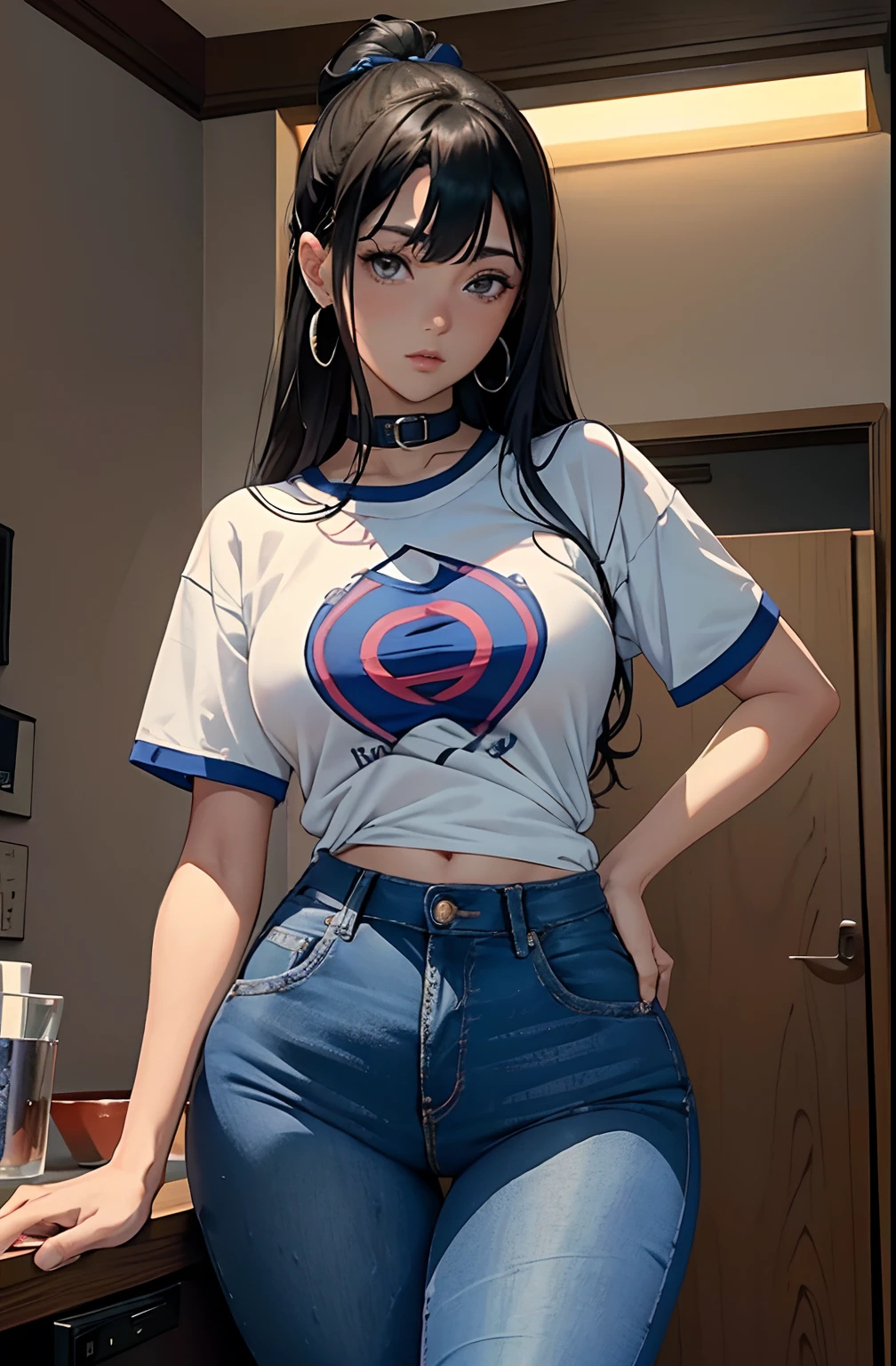 (Hinata Hyuga, 15m tall, tiny man between her fingers, futa bulge in jeans, muito sensual, com roupas apertadas, bunda grande, pernas grossas, Wearing extremely tight jeans, usando uma mini blusa, umbigo com pirsing, cabelo grande, Speaker behind, muito realista, extremamente sexy, 8k, 8k extremamente detalhado), (um extremamente delicado e bonito), (obra-prima), (melhor qualidade: 1.0), (ultra highres:1.0)