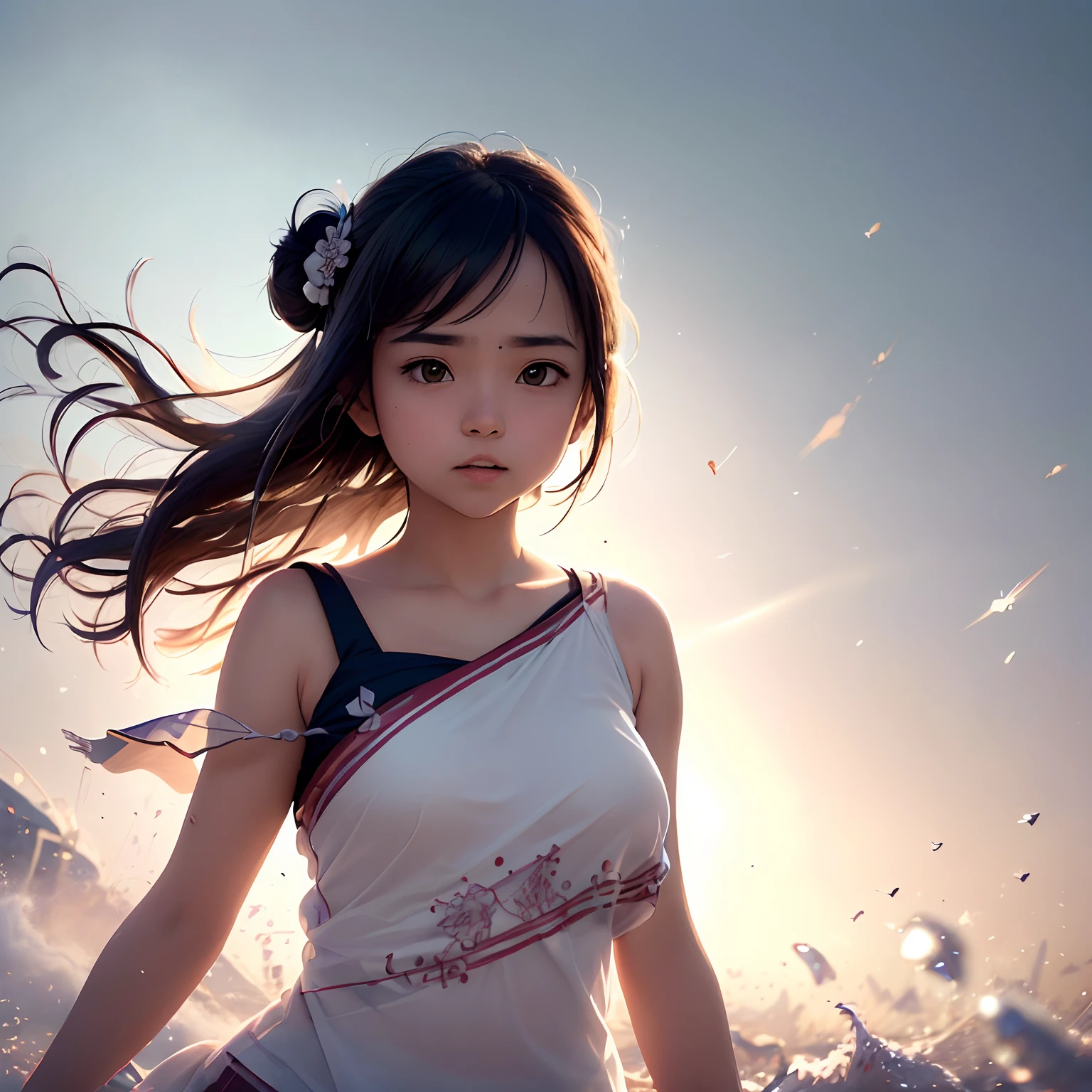 (Best Quality, masutepiece:1.3), 1girl in, Pose, Particle, Wind, Upper body, Simple background, Looking at Viewer, Focus on Face, (Indian)