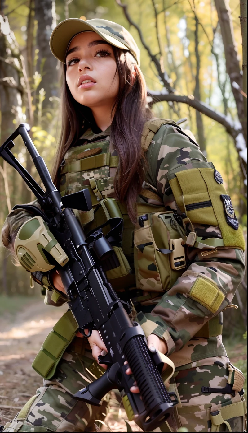 Mulher camuflada segurando um rifle em uma floresta nevada, de uma garota franco-atiradora na guerra, soldado feminino bonito, Segurando PDW, pronto para o combate, soldado, meninado mecanizado, menina da inia, segurando um mp7, menina militar, col, dressed in tactical armor, portando um fuzil, fortemente armado, imagem muito clara, wearing tactical gear