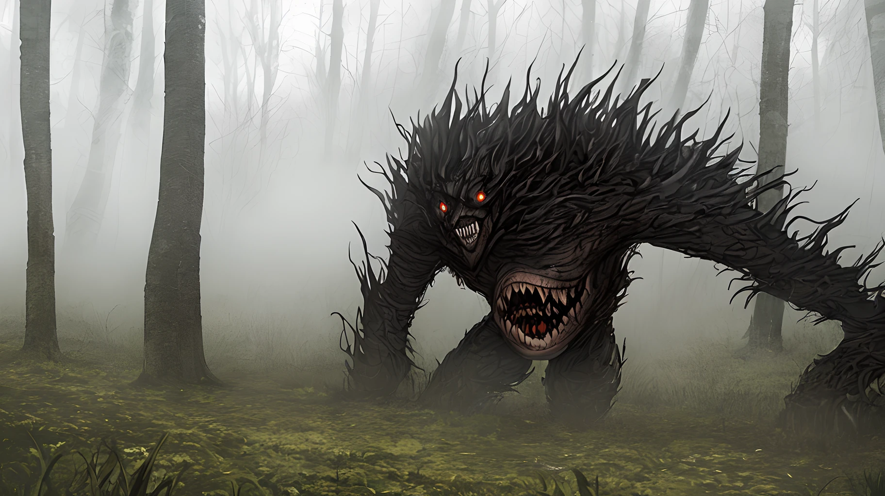 Scary creature in a foggy forest