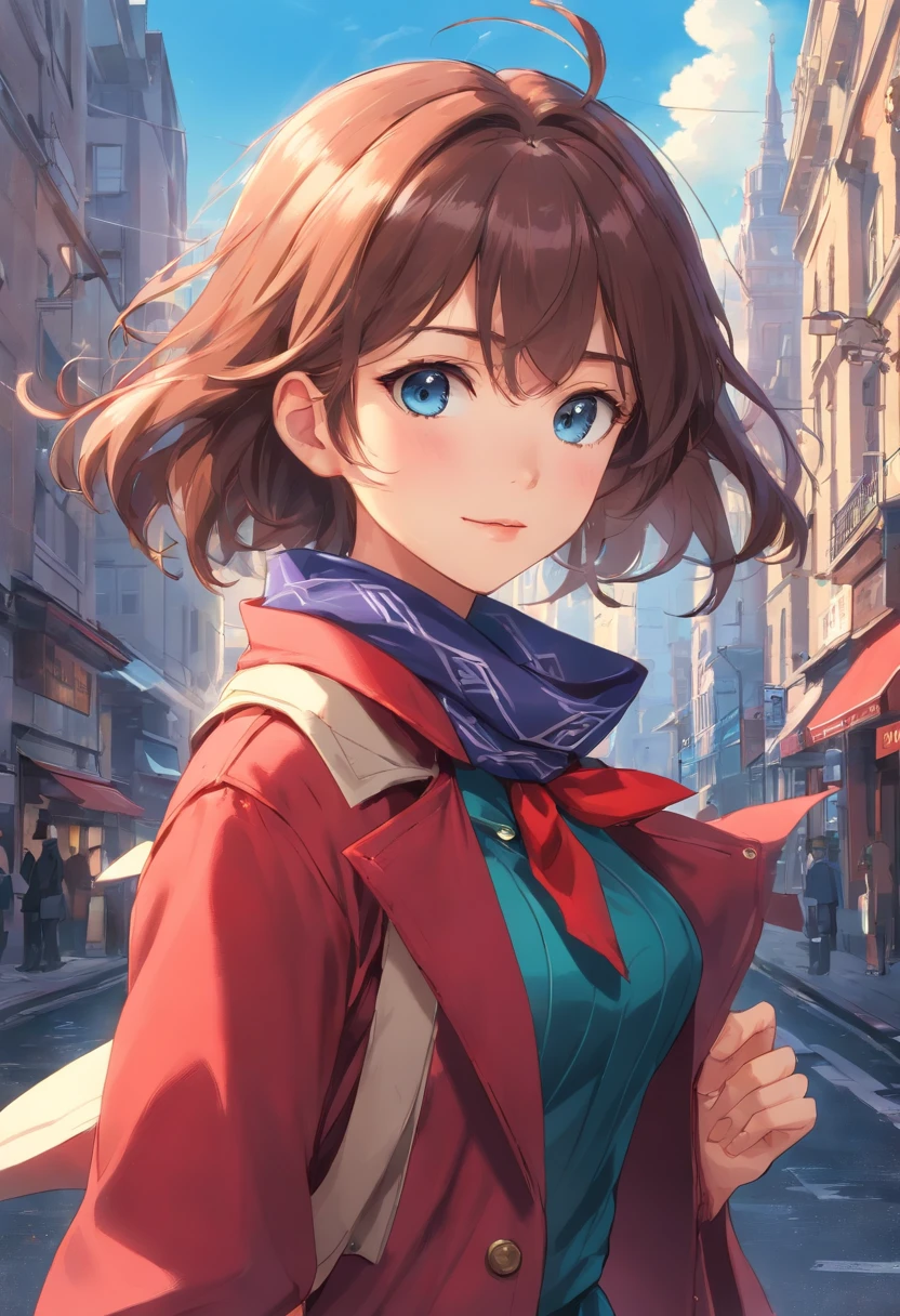 fondo de pantalla CG 8k extremadamente detallado, Obra maestra, La mejor calidad, 插圖,Ultra detallado, best  illustration, Mejor sombra, un extremadamente delicado y hermoso, Luz detallada, linda cara de anime, cinematic camera, Profundidad de campo, 1girl, flotante, brillar, Pelo negro corto, wind lift, Cabello despeinado, hermosos y detallados ojos marrones, Cara detallada, gafas de piloto en la cabeza, Abrigo rojo, pantalones rojos, breasrts medianos, Manos en el bolsillo, blue neckerchief, Mirando al espectador, mangas largas, abrigo rojo, boca cerrada, sonrisa ligera, chaqueta roja, bright day, 26 Years Old, mujer adulta, dynamic background, nariz, labios, Detalles intrincados, expresivo, Pupilas, cinematographic angle, dynamic action pose, Anime detallado, Hyper-Detailed Anime Animation, Armas, piernas, Antecedentes detallados, steampunk, Victorian Gothic London, Fondo de la calle lateral, aristocrat, aristocratic, afuera, bolsa, cielo nublado, Ciudad en la distancia, Edificios distantes, Londres, puesta del sol, farolas, dirigibles en el cielo, Coches en la distancia, Nivel de calle, diente, niebla