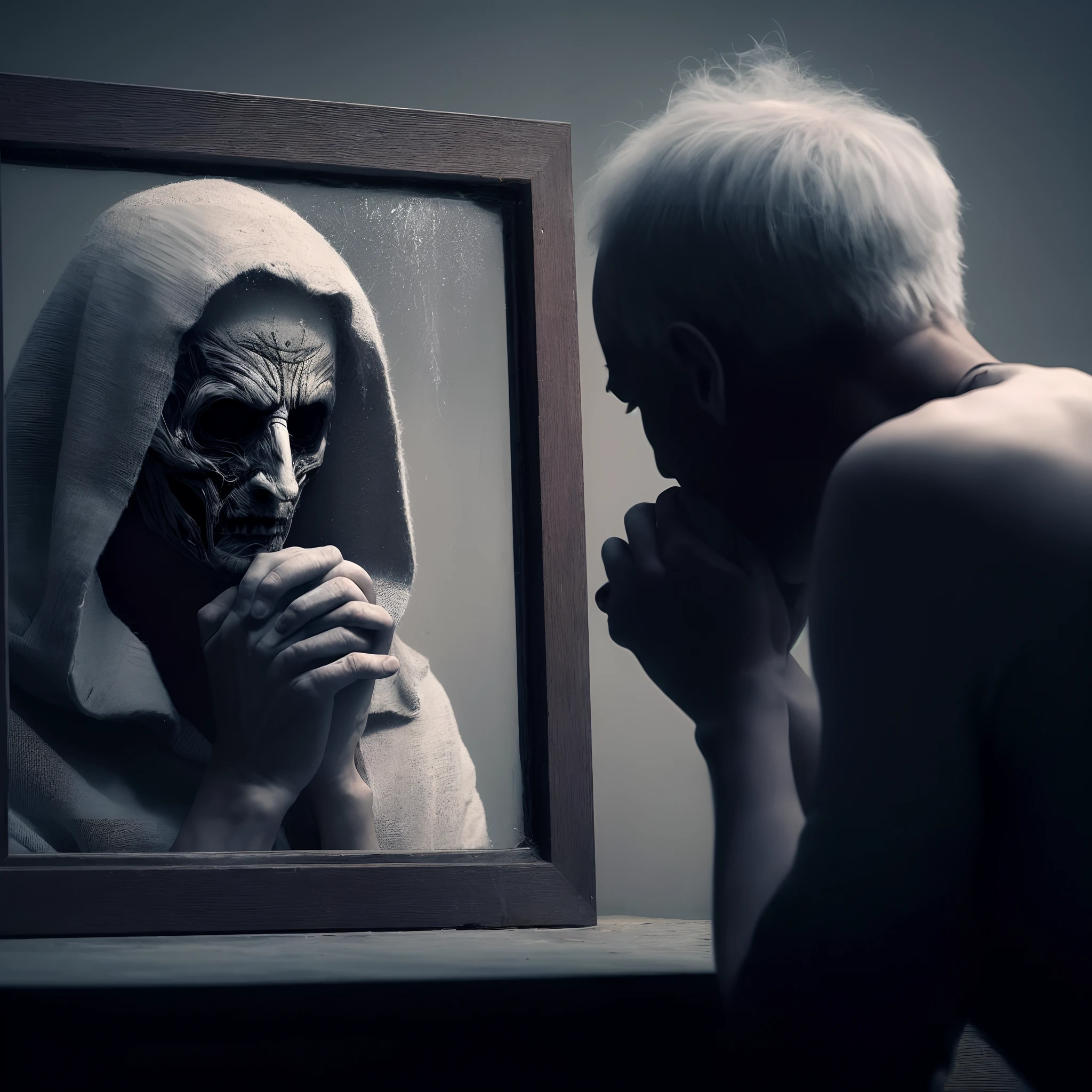 Homem arafed olhando para um espelho com um rosto assustador, Olhando no espelho para o eu mais velho, Olhar no espelho, imagem assustadora espiritual, Olhar no espelho, Olhando no espelho, Olhar no espelho, arte surreal de horror, fotografia de terror, Retrato de um necromante sagrado, Directed by: Adam Marczyński, contemplating existence