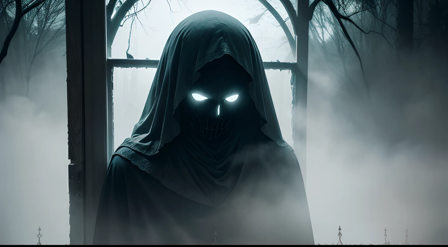 Crie um estranho, atmospheric image representing the Hollow Inn foreboding, aninhado em meio ao antigo, floresta densa de Hollow Hill. Show the hostel shrouded in mist, com um desmaio, ghostly figure in one of the windows. Convey a sense of discomfort and mystery, hinting at the malevolent force lurking within.