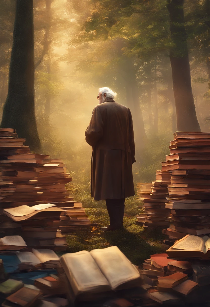 (best quality), ultra detalhado, (Realistic, fotorrealista, fotorrealista: 1.37), Wise old man in a moment of contemplation in a forest of books, Retratos, vivid colors, sunset lighting, luar